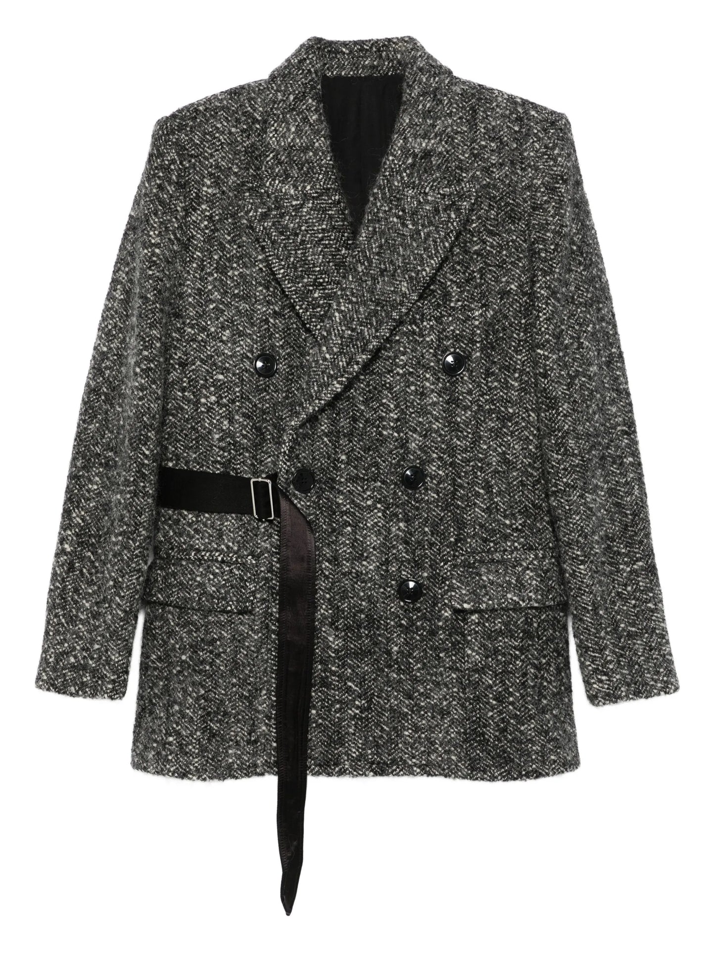 buckle-detail buttoned tweed jacket