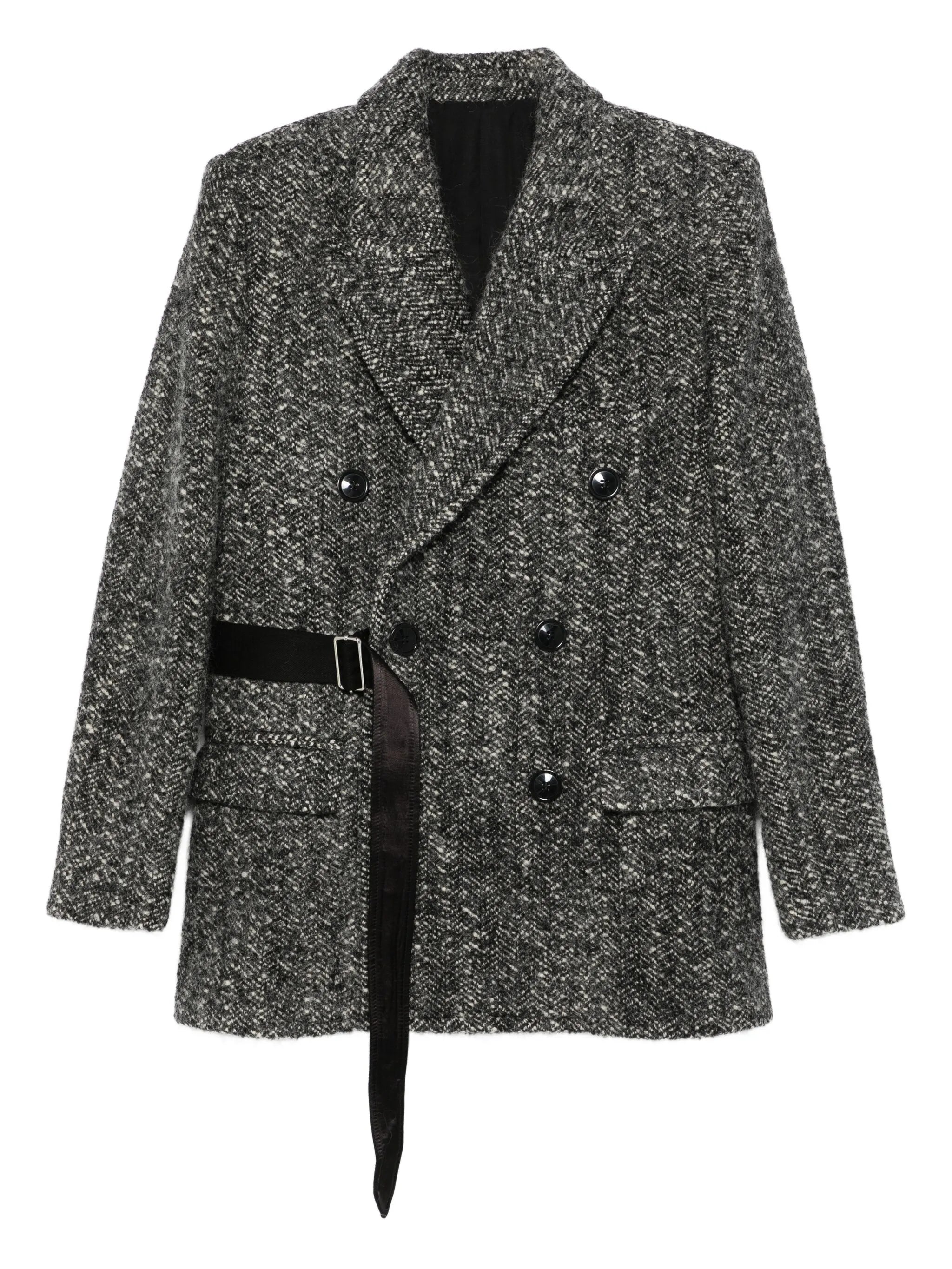 buckle-detail buttoned tweed jacket