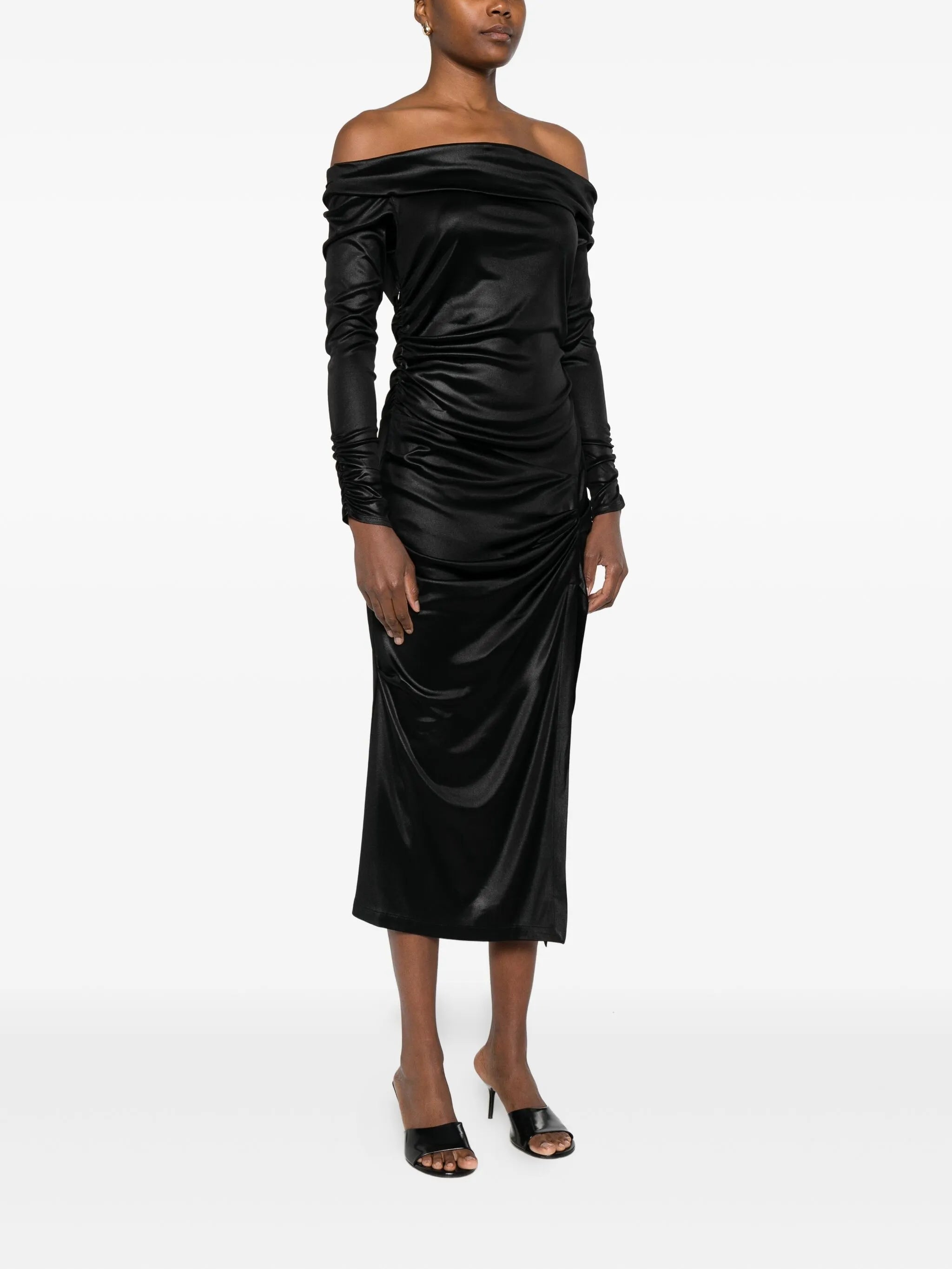 off-shoulder draped midi dress