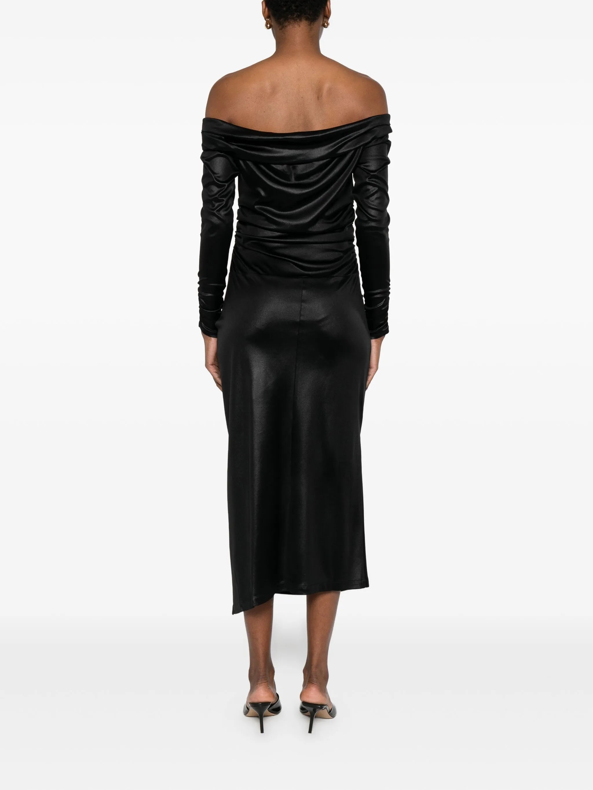 off-shoulder draped midi dress