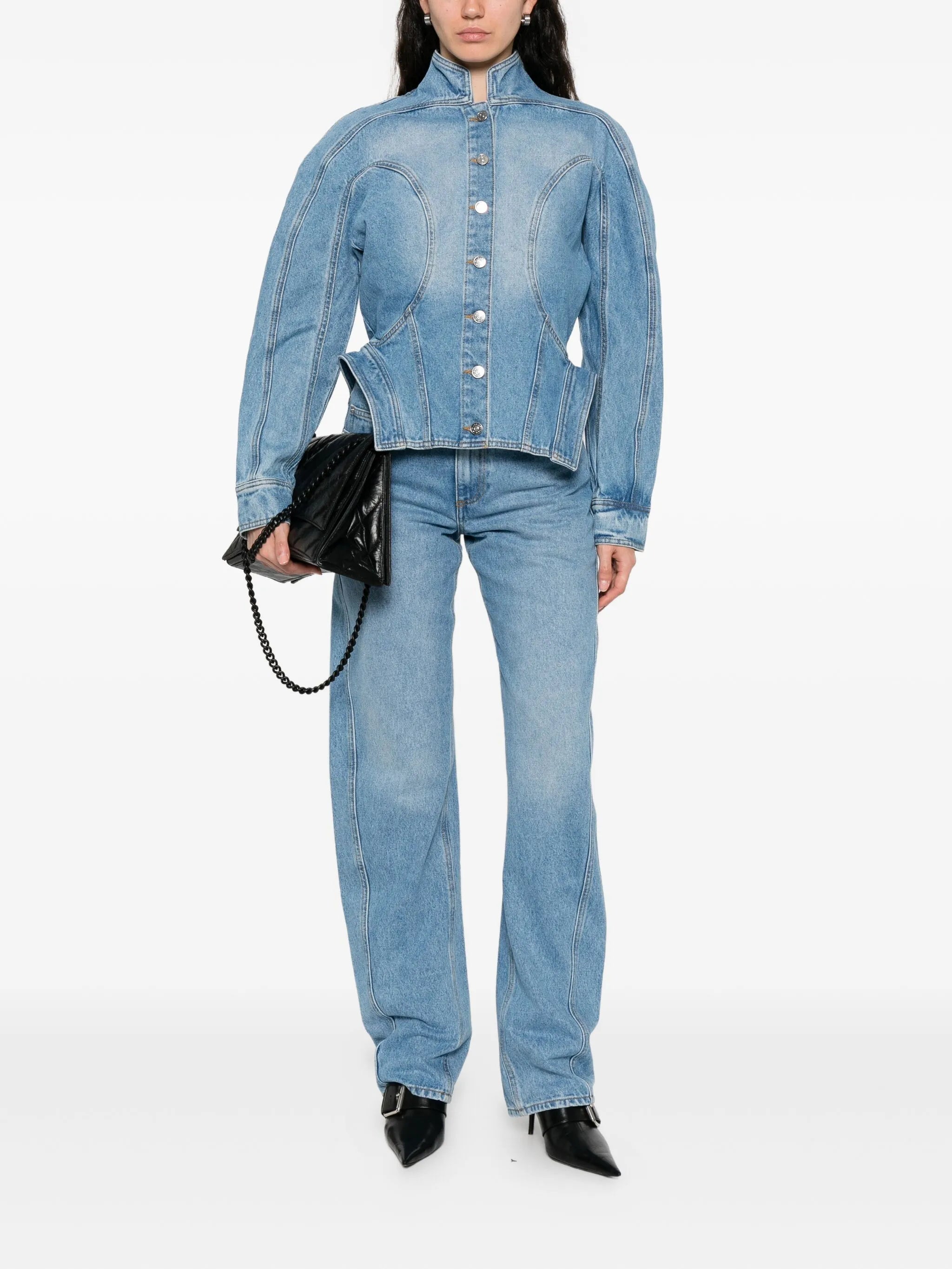cinched button-fastening denim jacket