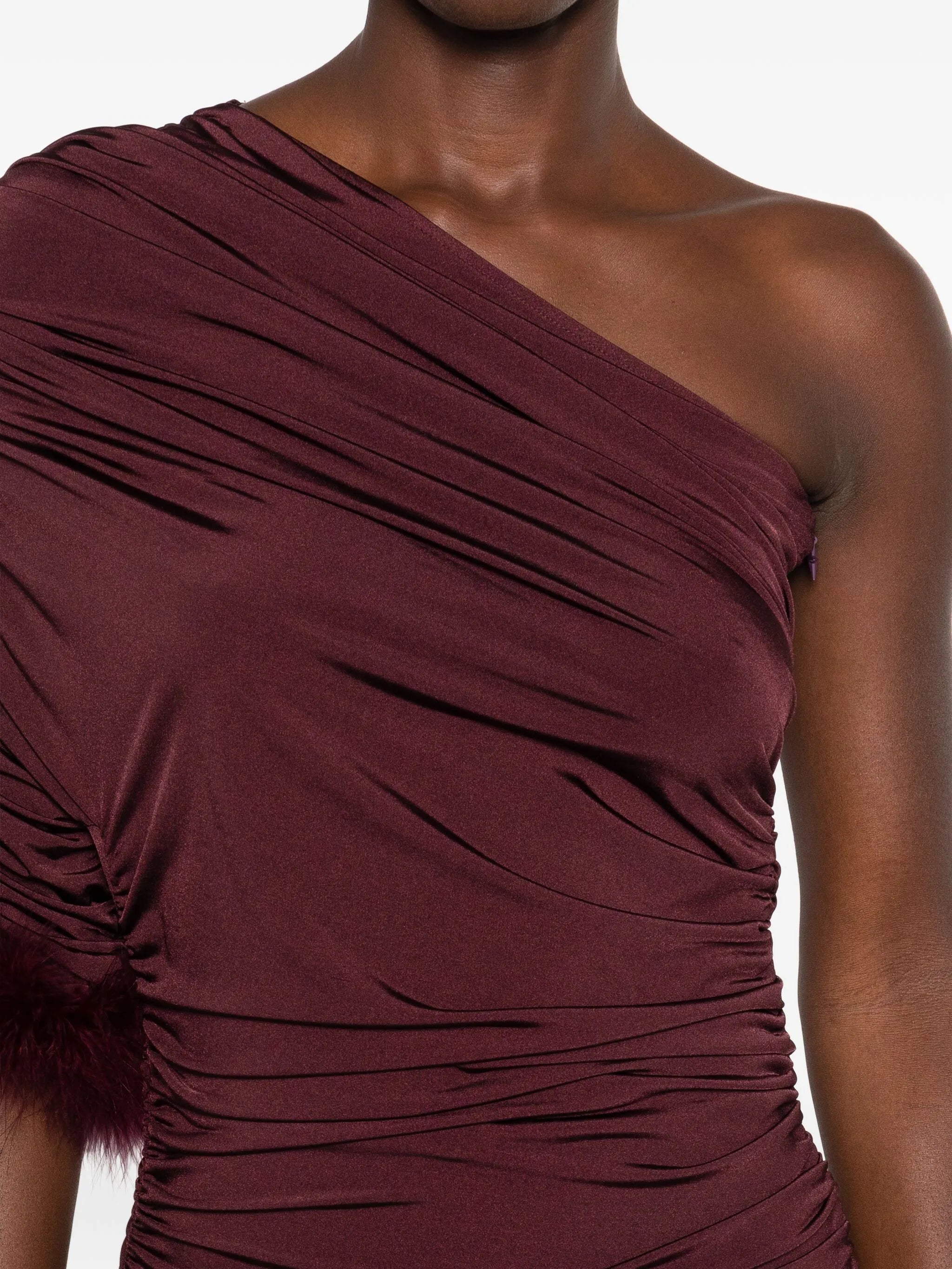 feather-trimmed one-shoulder dress
