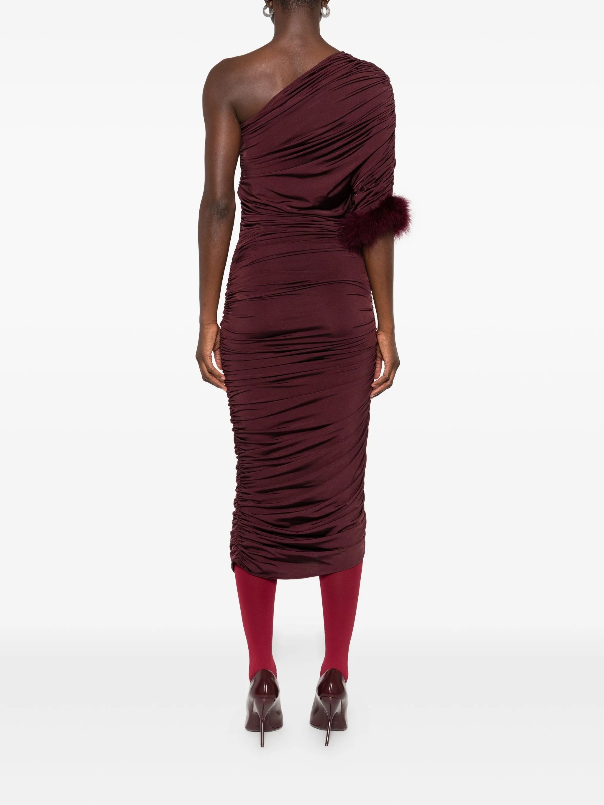 feather-trimmed one-shoulder dress
