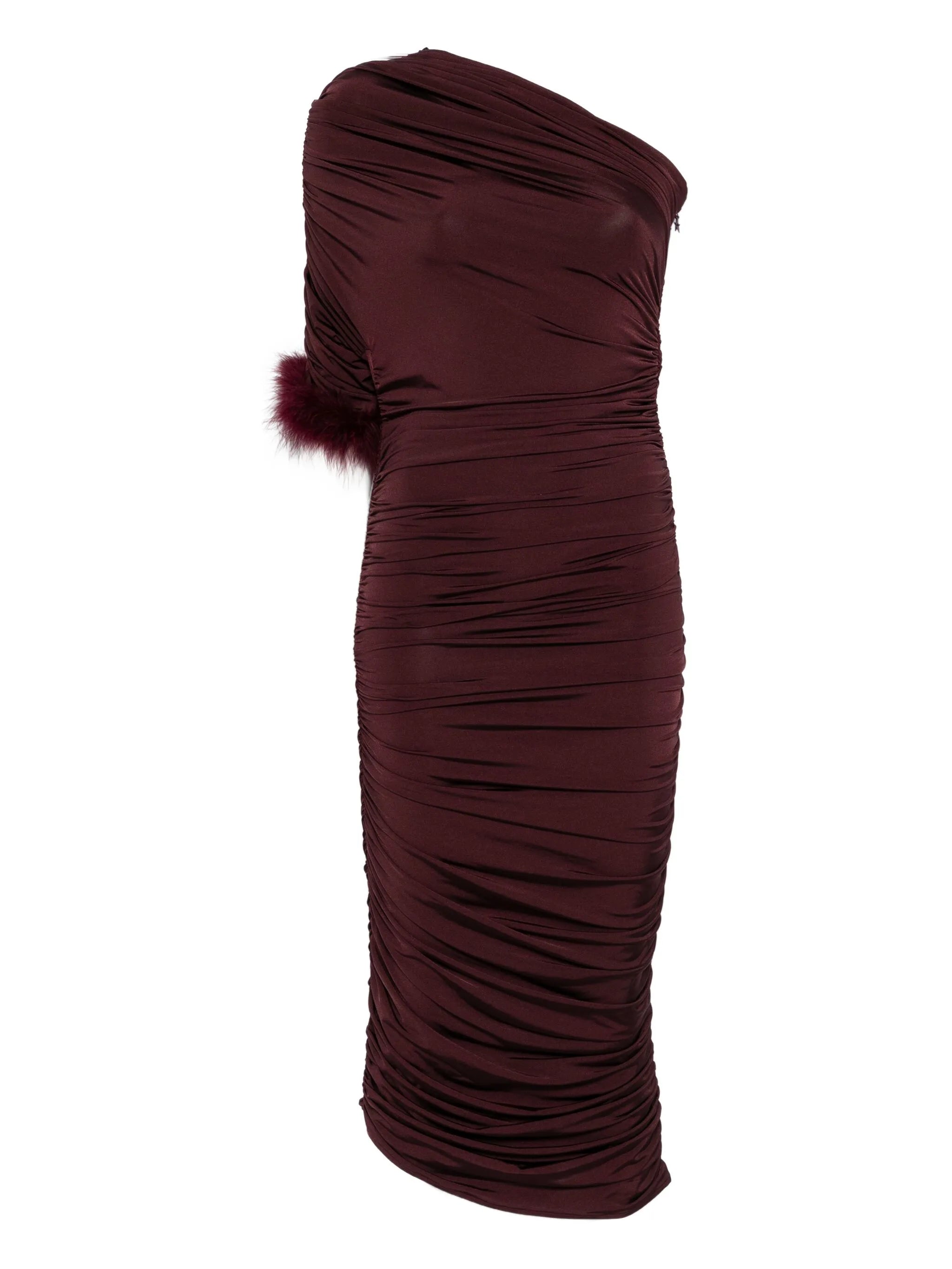 feather-trimmed one-shoulder dress
