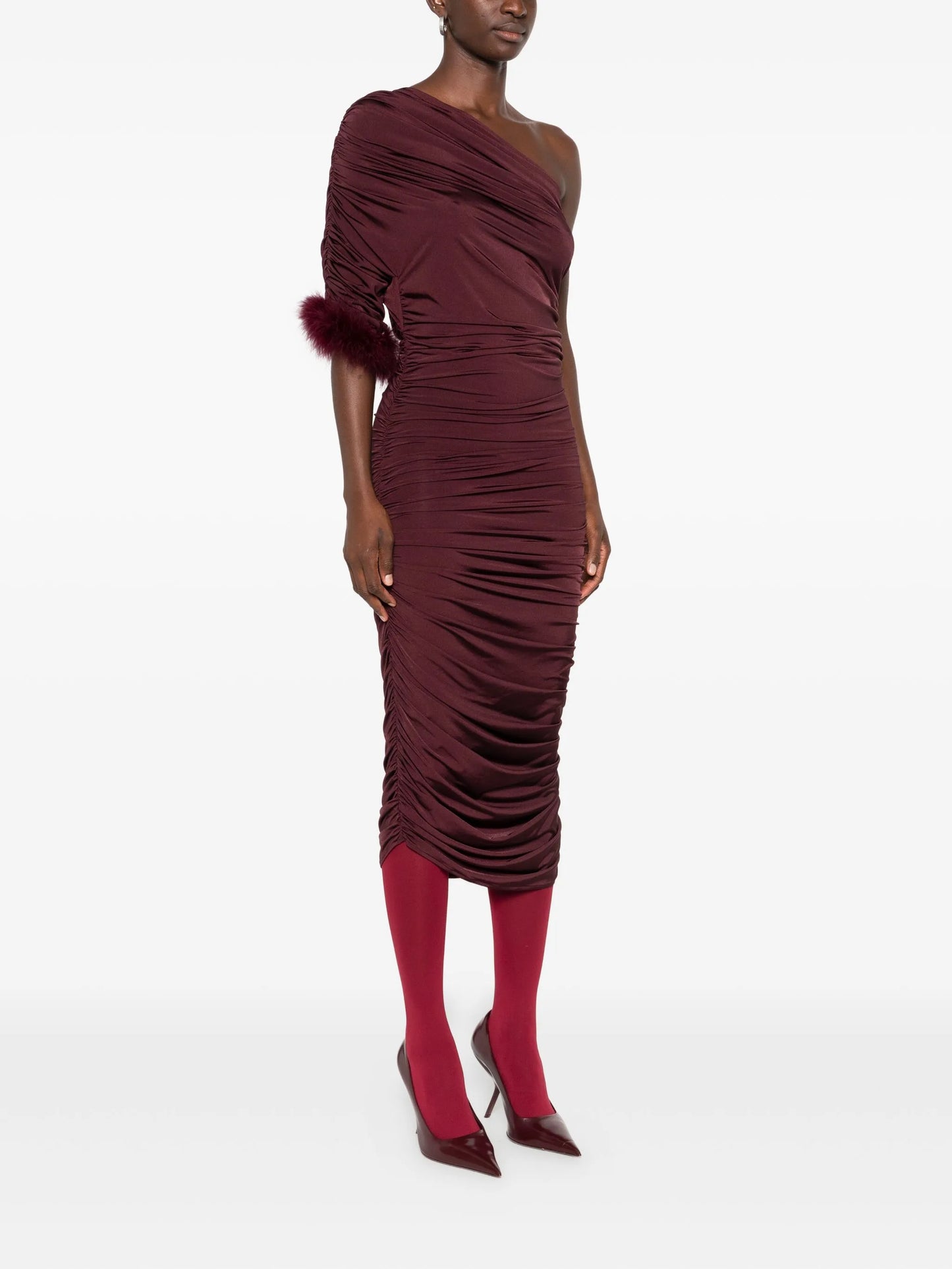 feather-trimmed one-shoulder dress