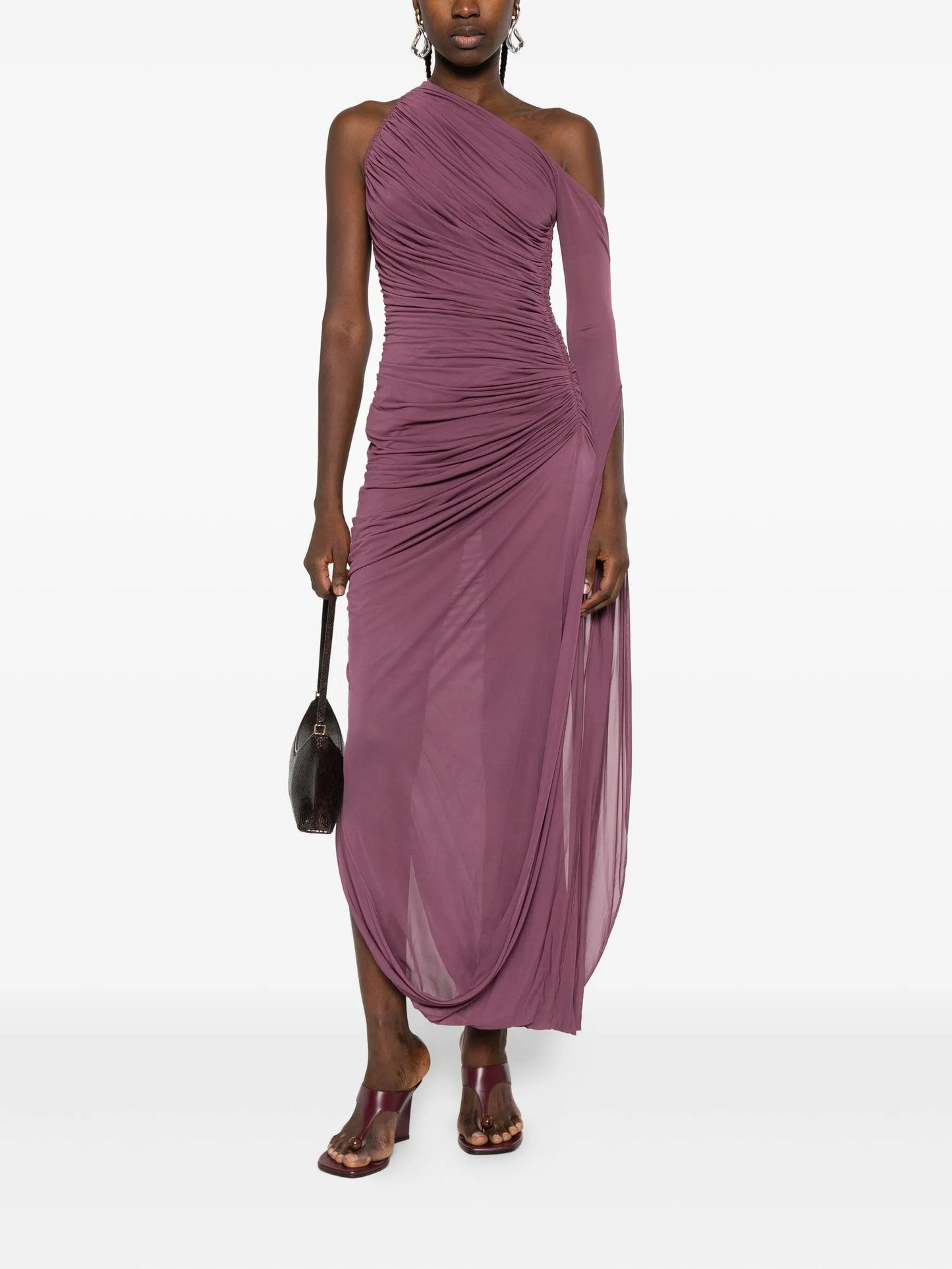 one-shoulder draped asymmetric dress