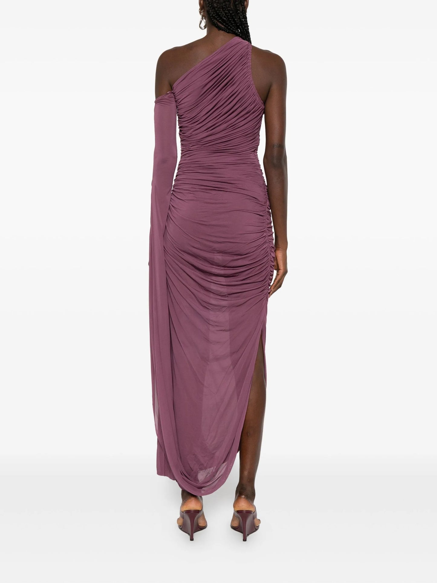 one-shoulder draped asymmetric dress