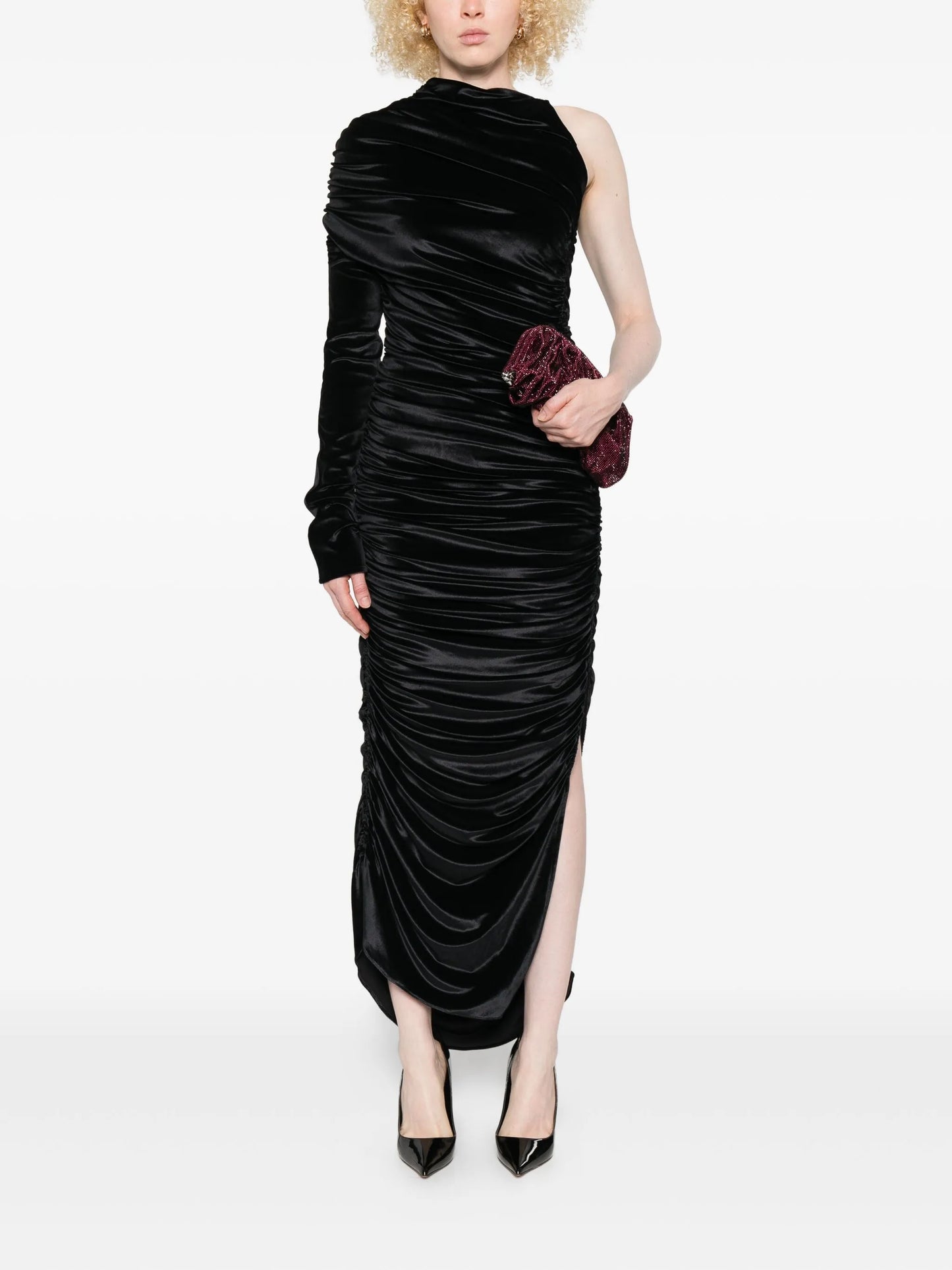 one-shoulder draped midi dress