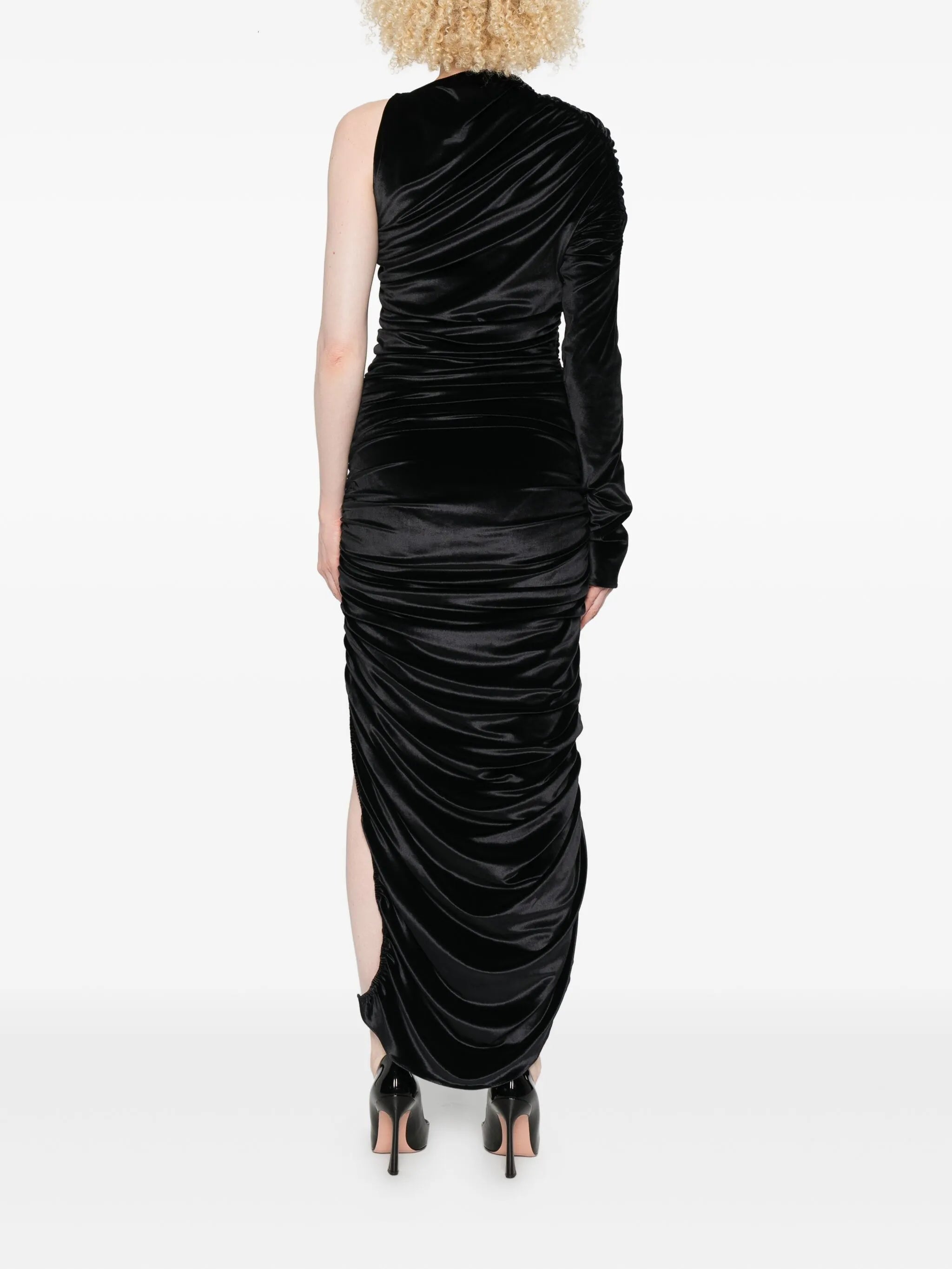 one-shoulder draped midi dress