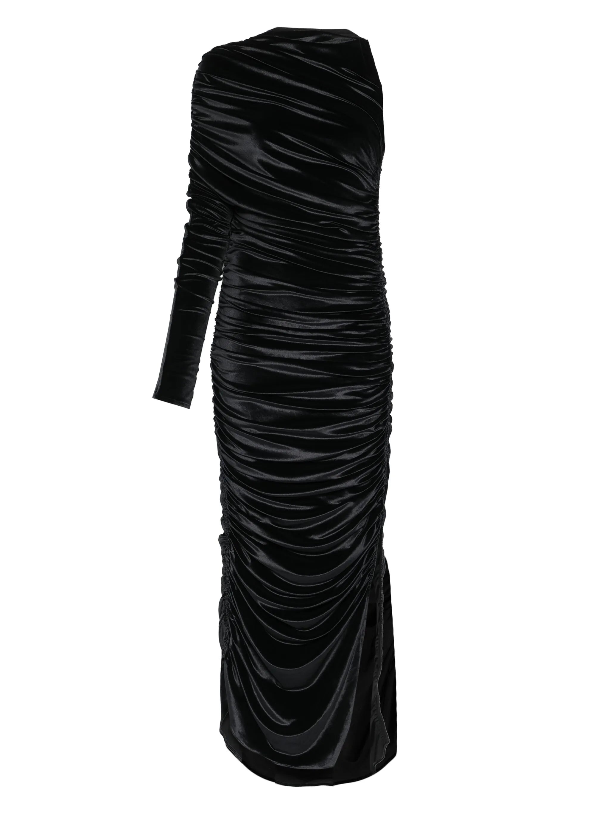 one-shoulder draped midi dress