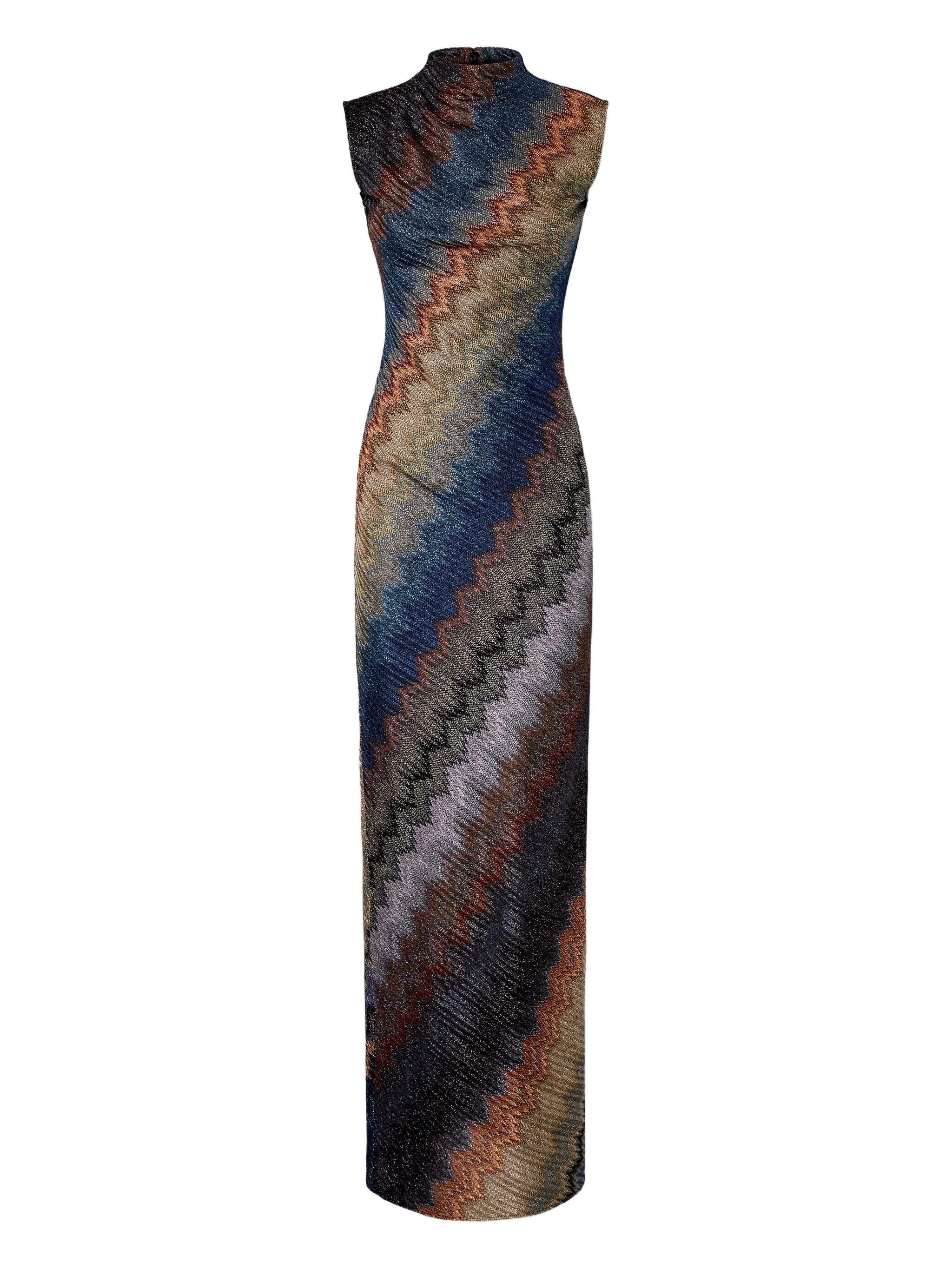zigzag-pattern high-neck maxi dress