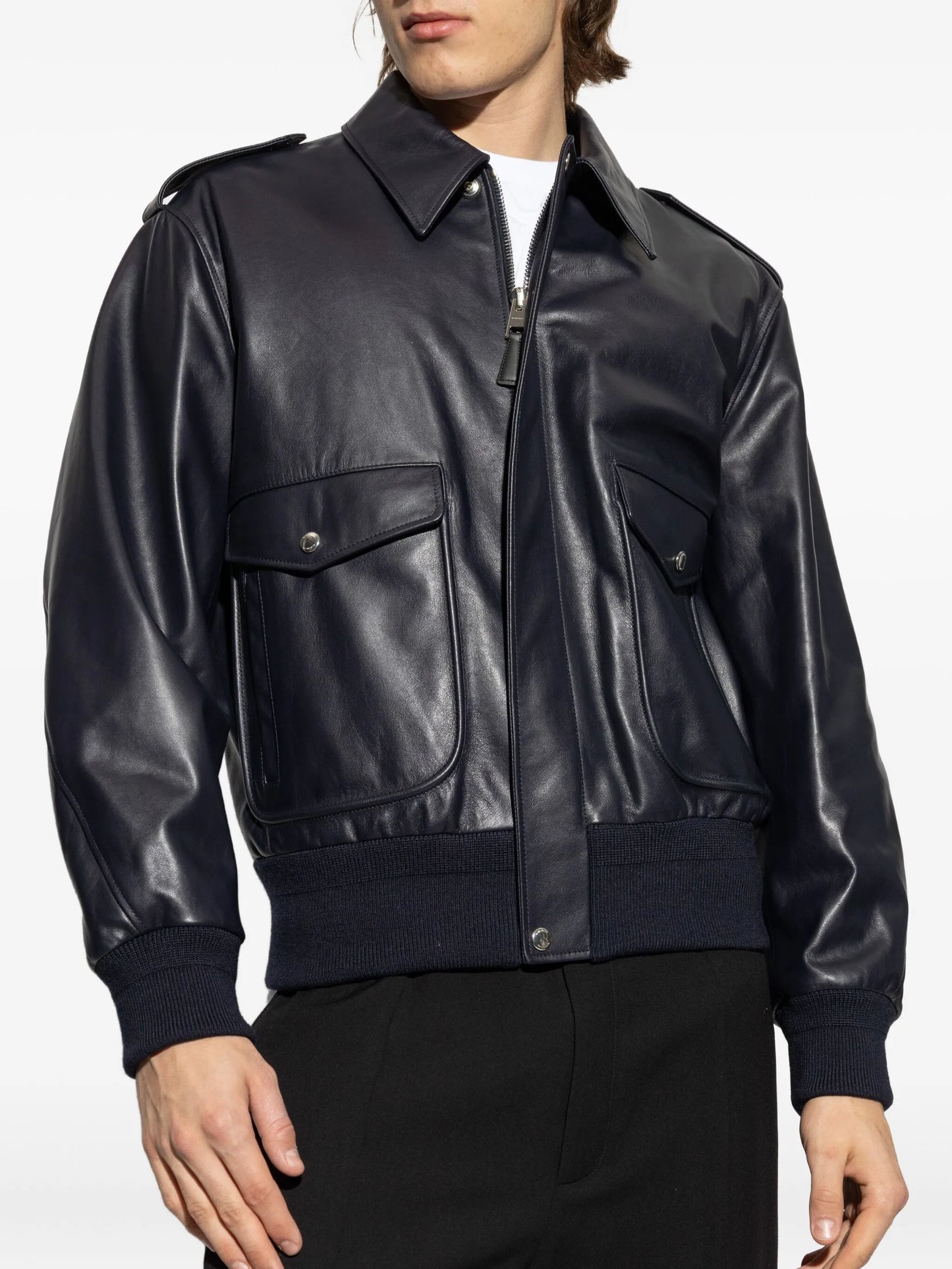 flap-pocket leather jacket