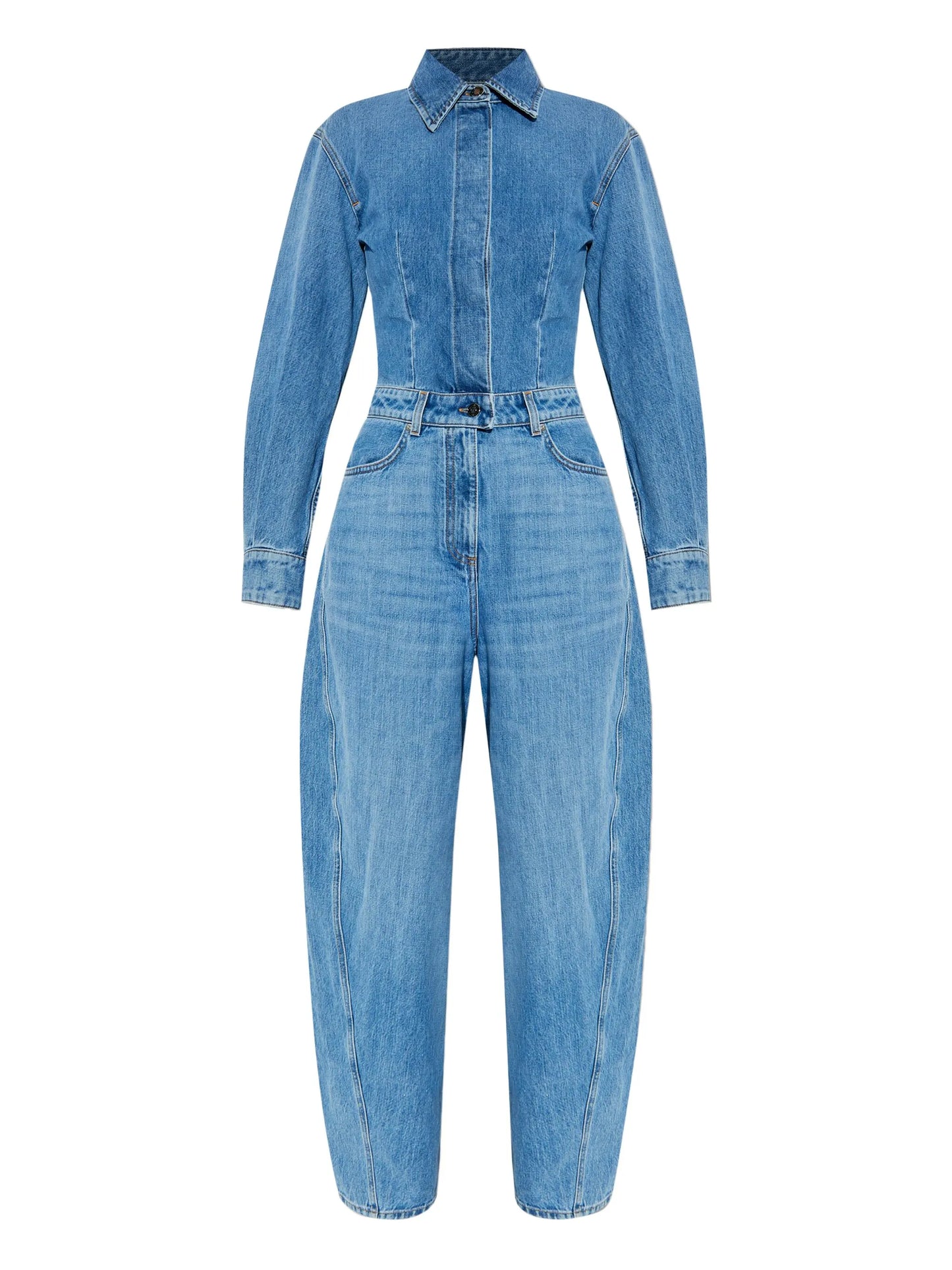 denim shirt-collar jumpsuit