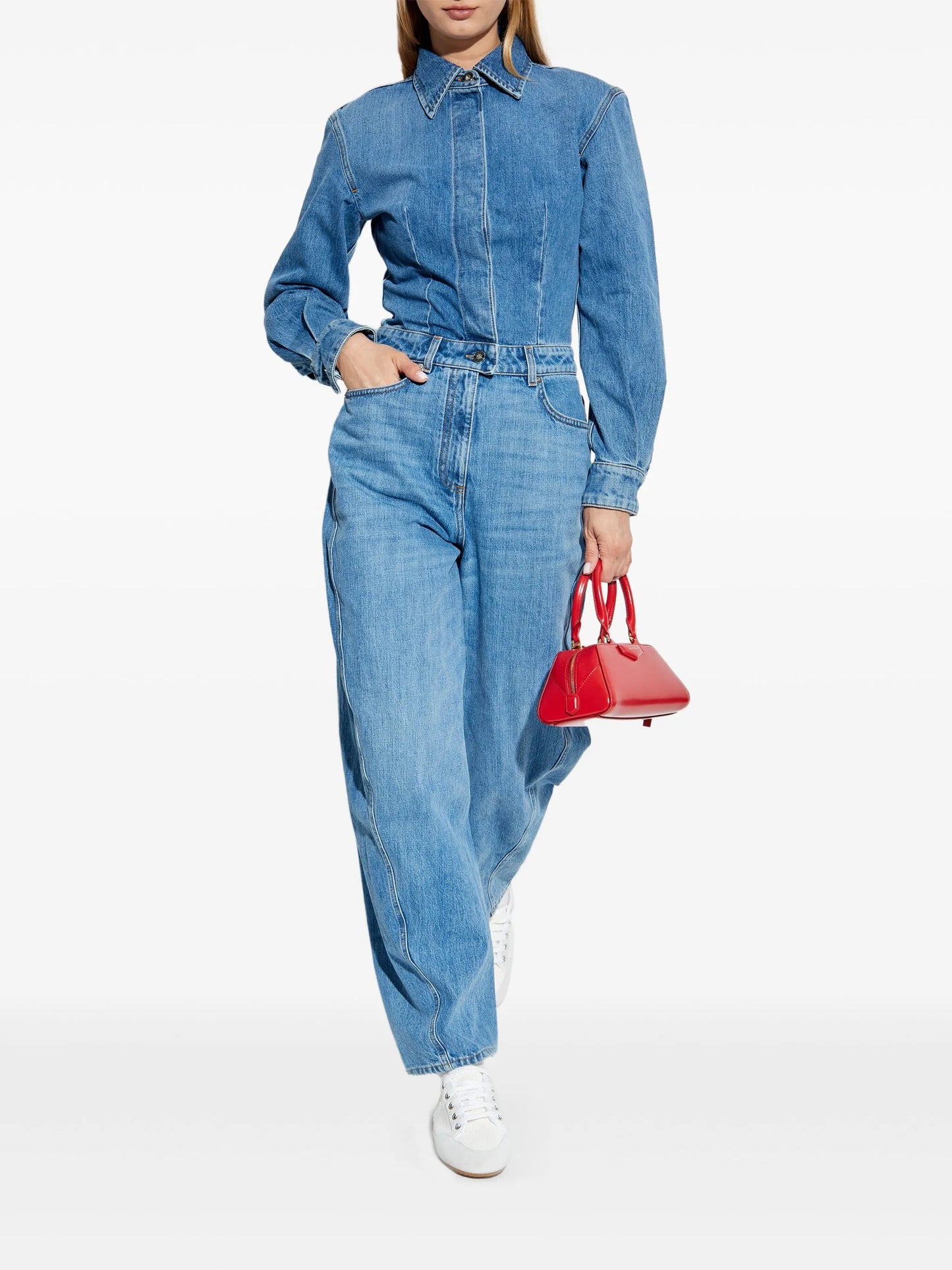 denim shirt-collar jumpsuit