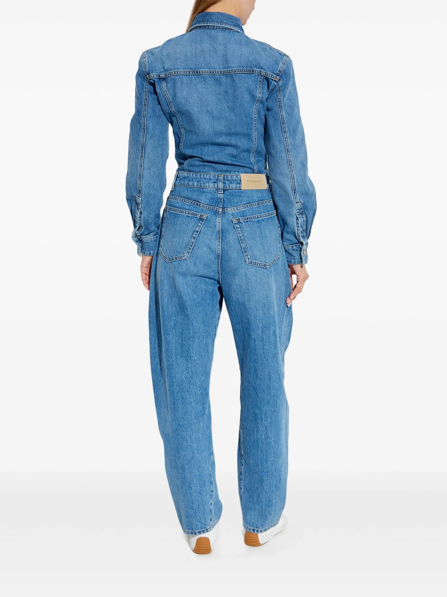 denim shirt-collar jumpsuit