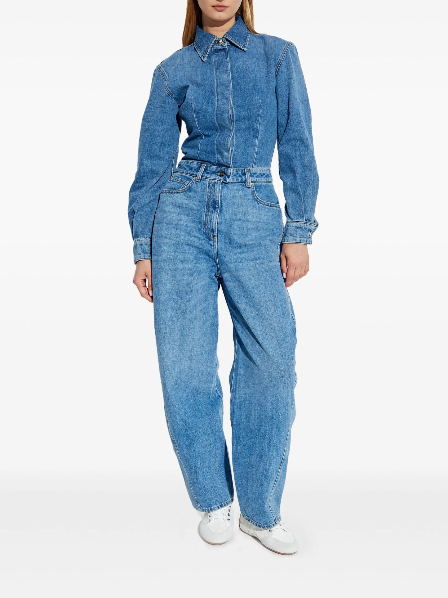 denim shirt-collar jumpsuit