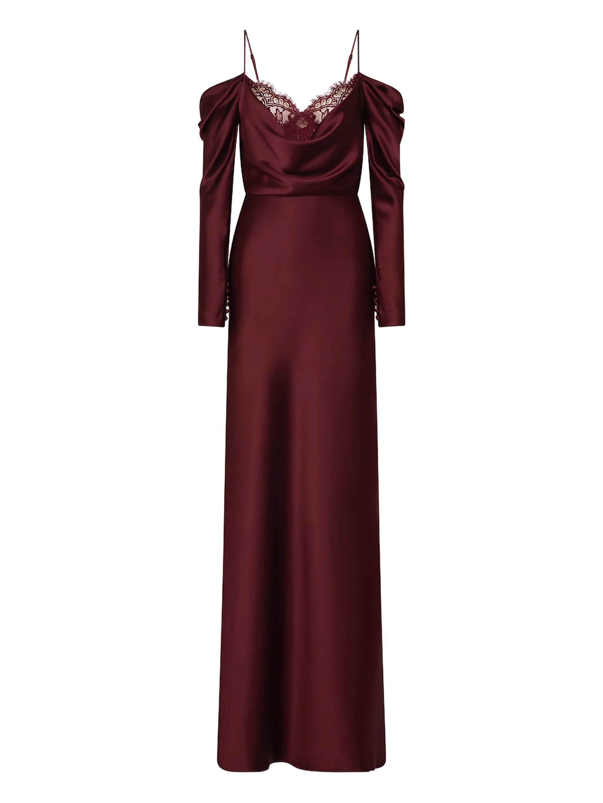 Avalon lace-trimmed cowl-neck gown