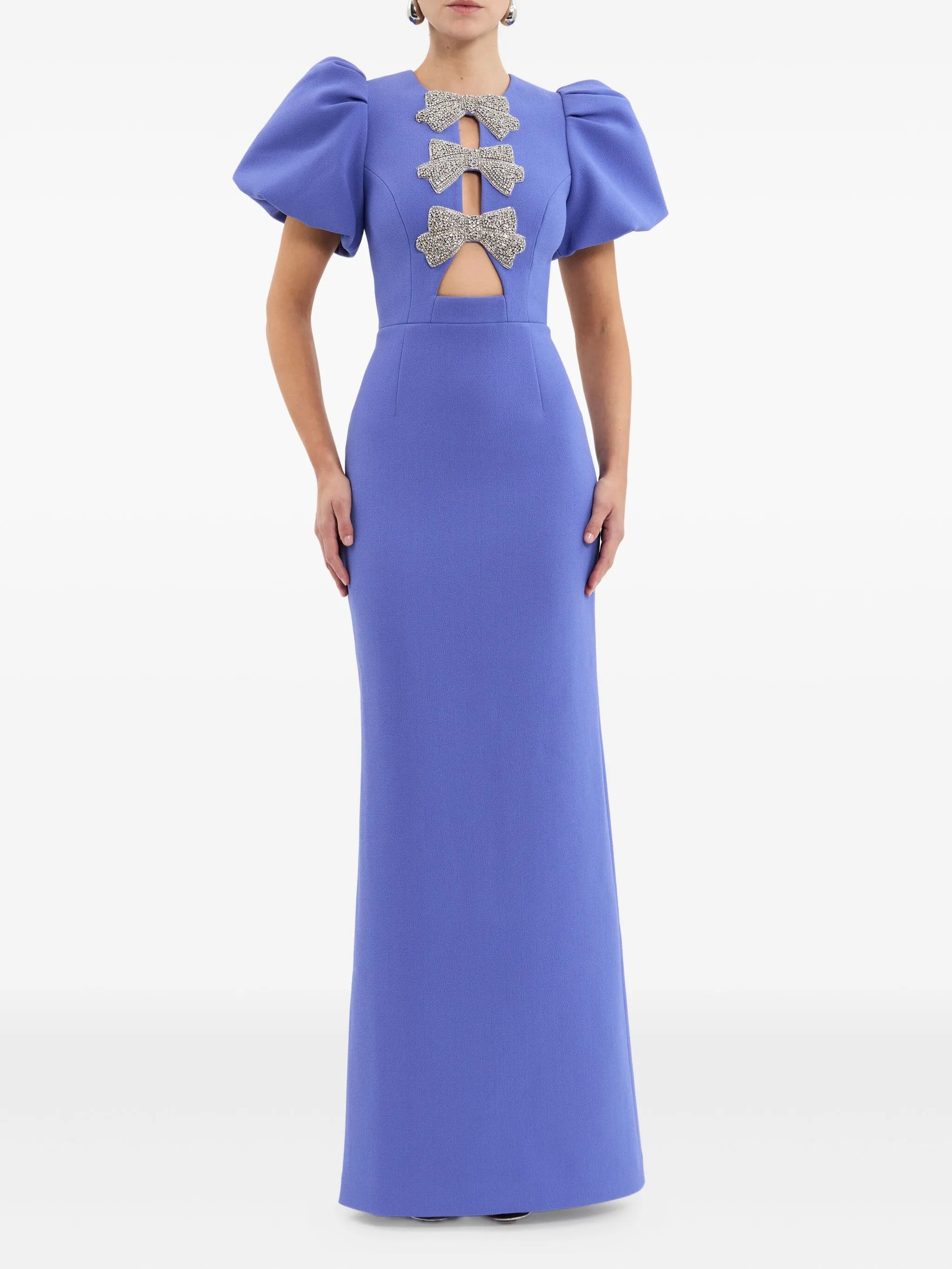 puff-sleeves embellished maxi evening dress