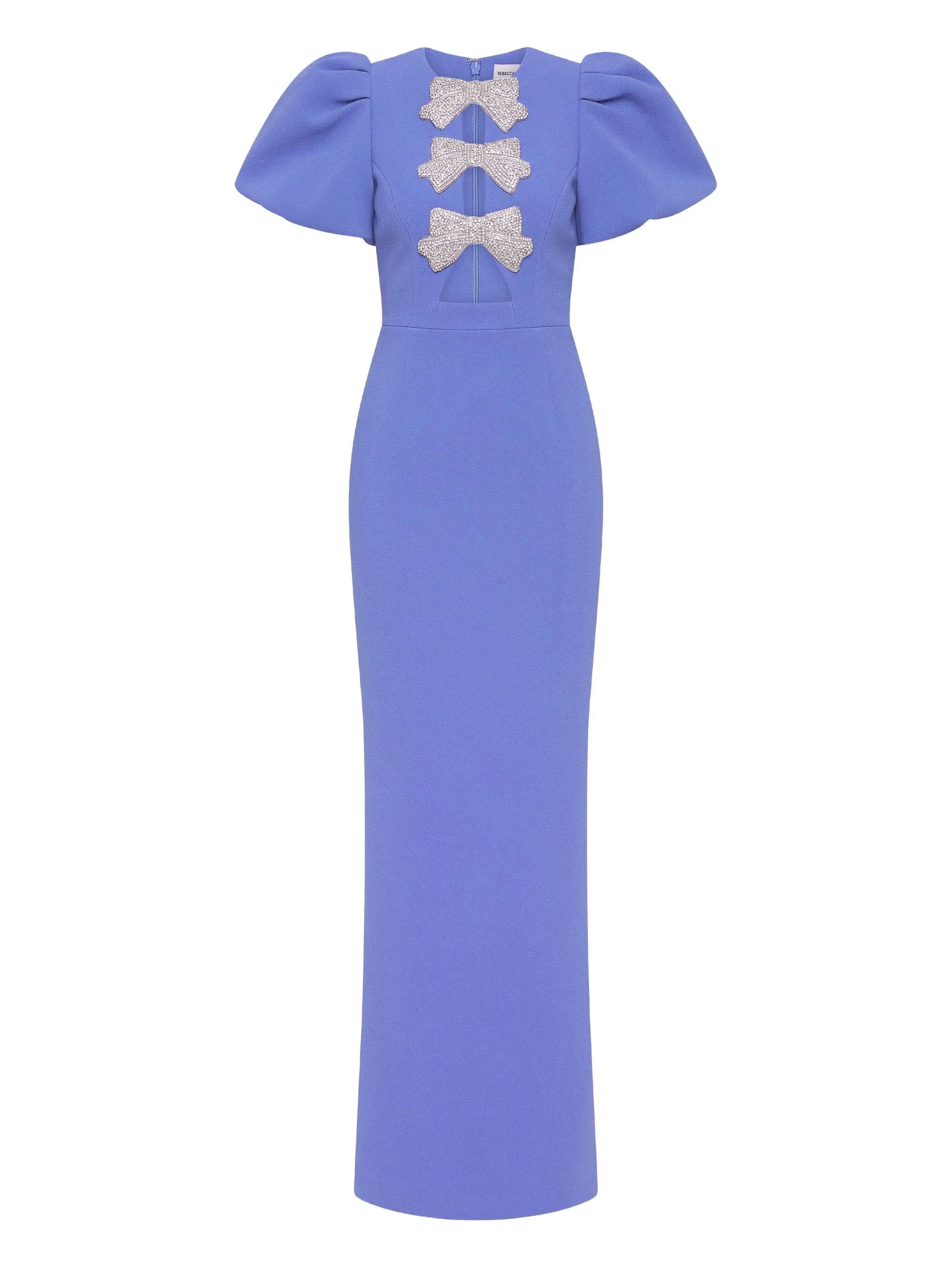 puff-sleeves embellished maxi evening dress