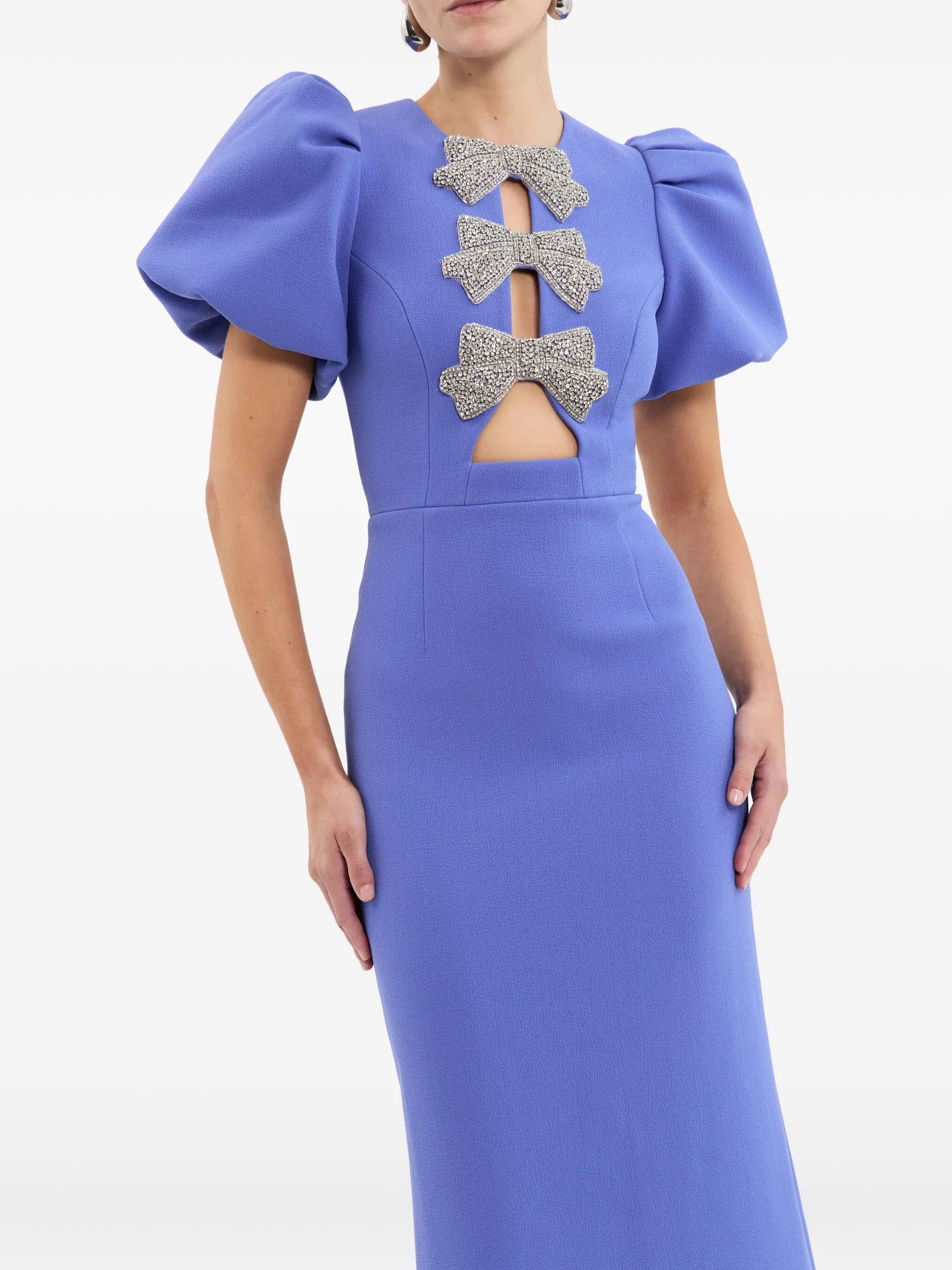 puff-sleeves embellished maxi evening dress