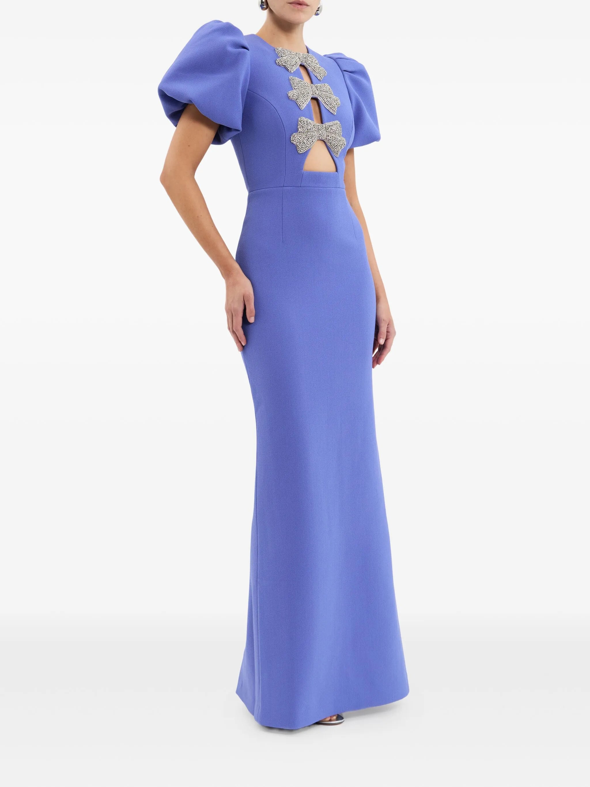puff-sleeves embellished maxi evening dress