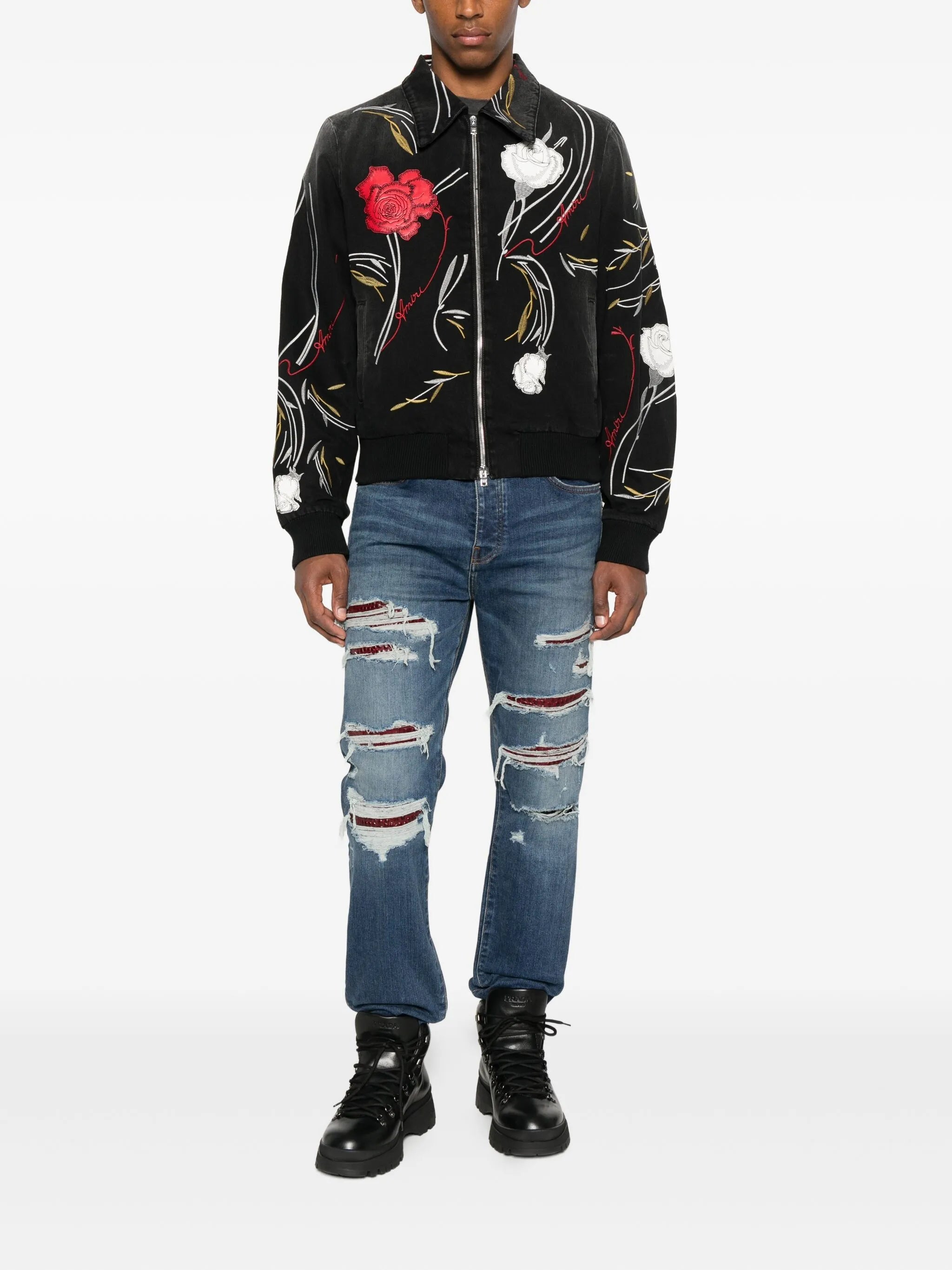 floral-embroidered denim jacket