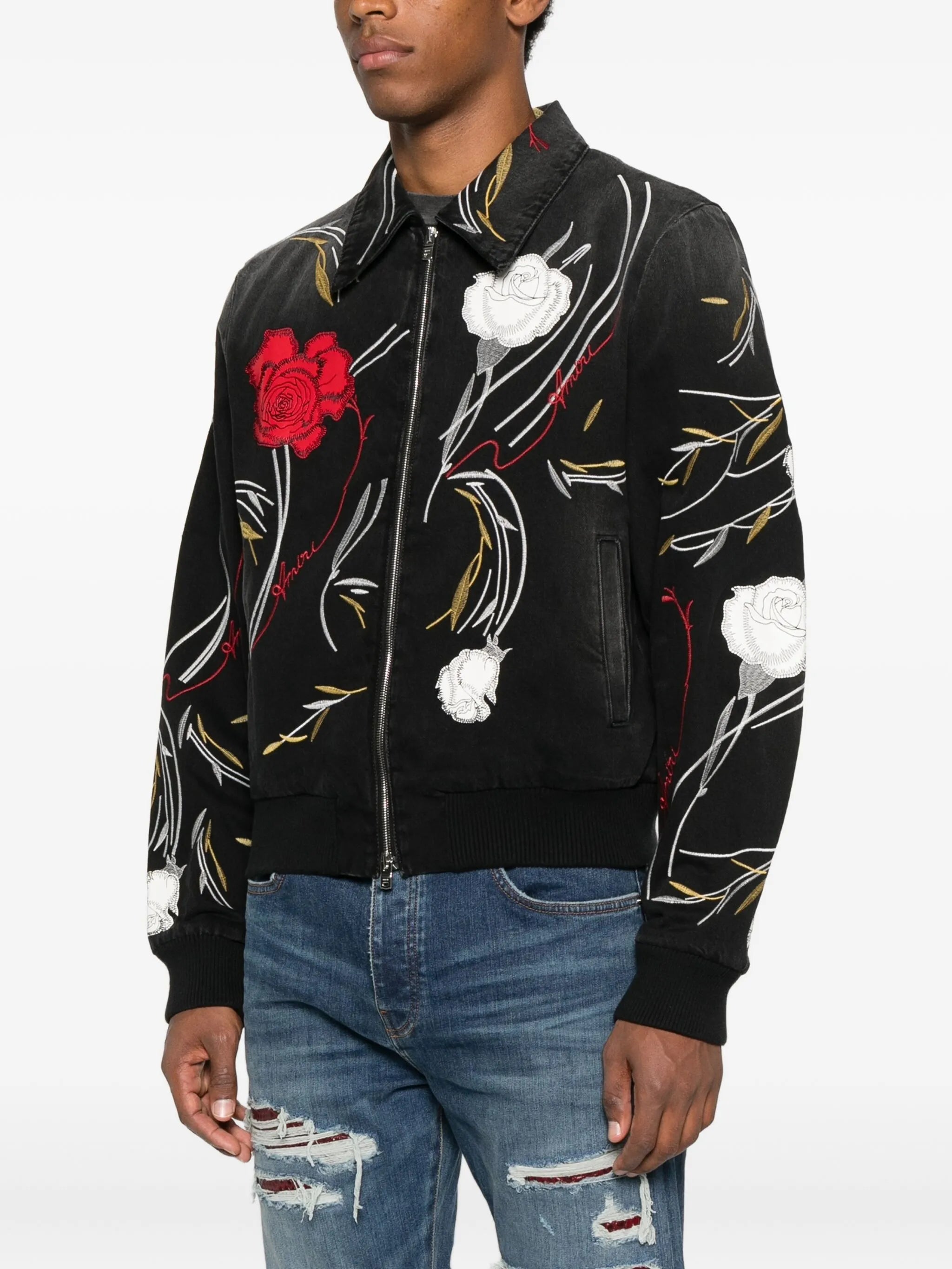 floral-embroidered denim jacket