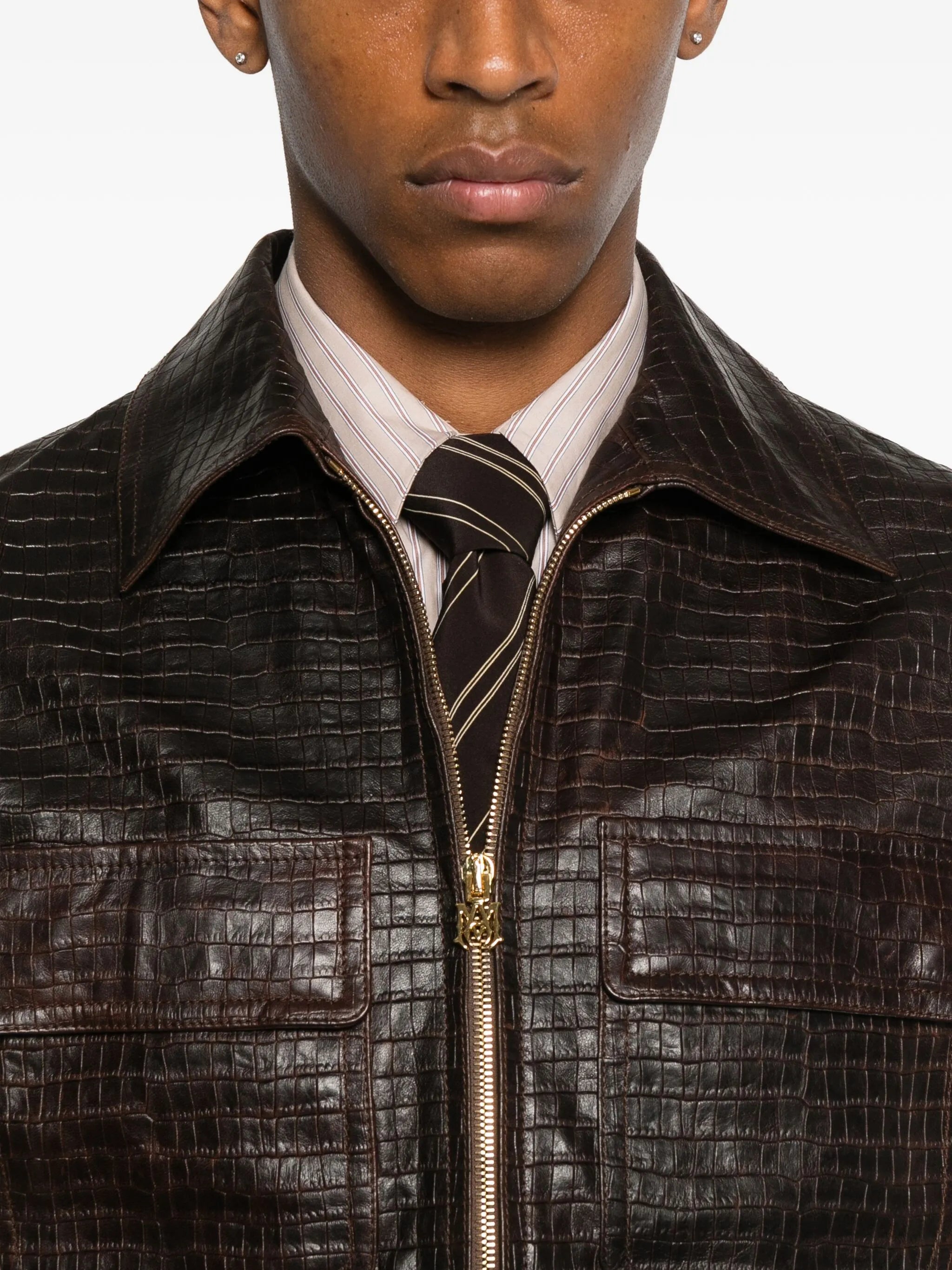 embossed-leather zip-front jacket