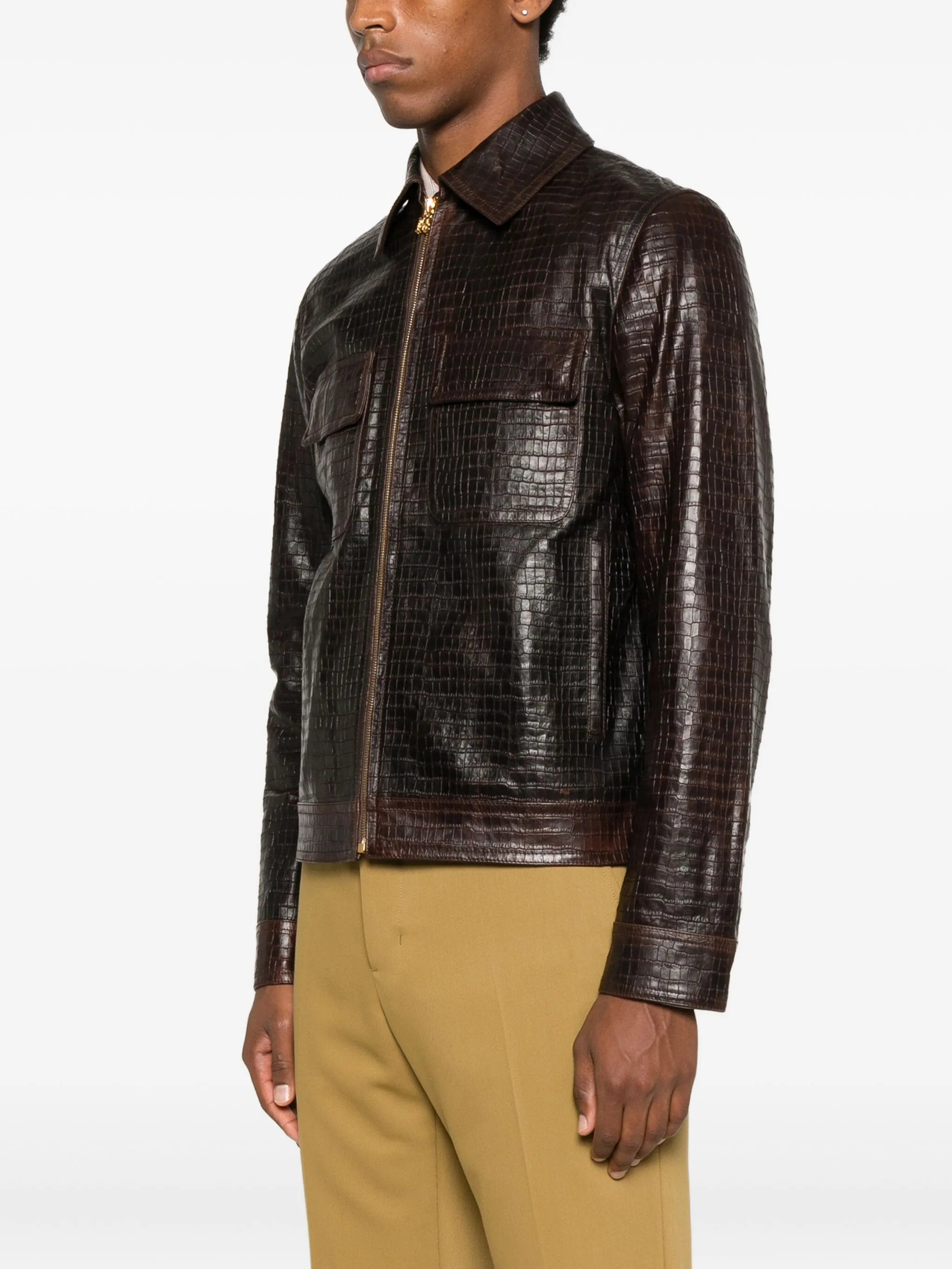 embossed-leather zip-front jacket