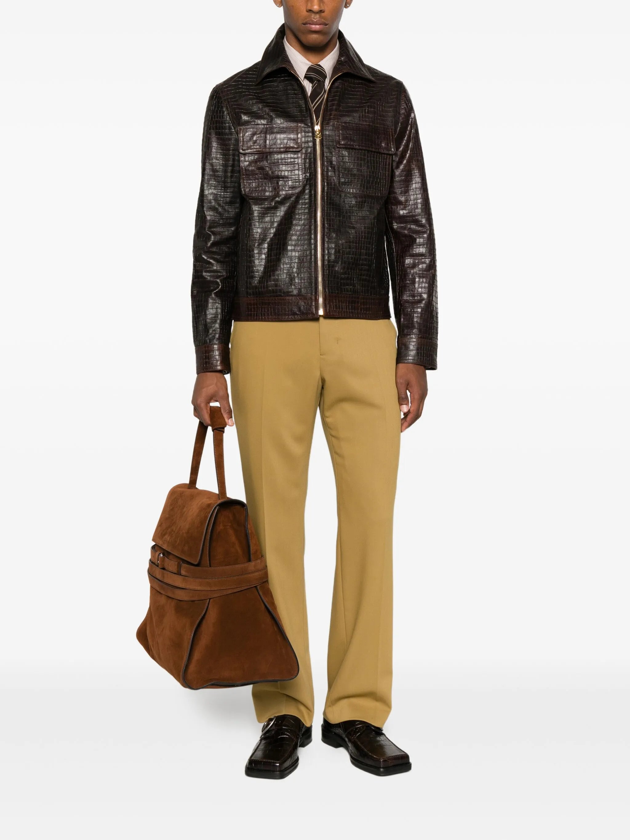 embossed-leather zip-front jacket