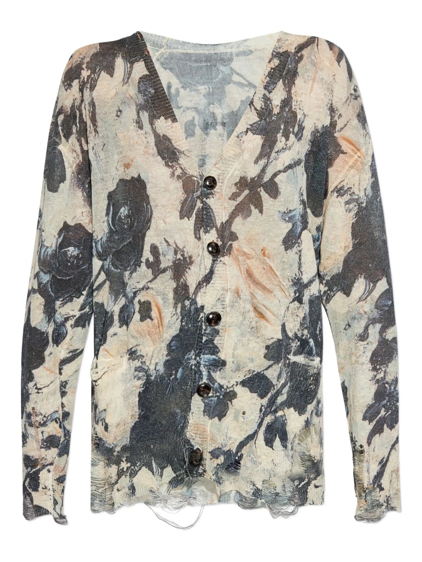 floral-print frayed cardigan