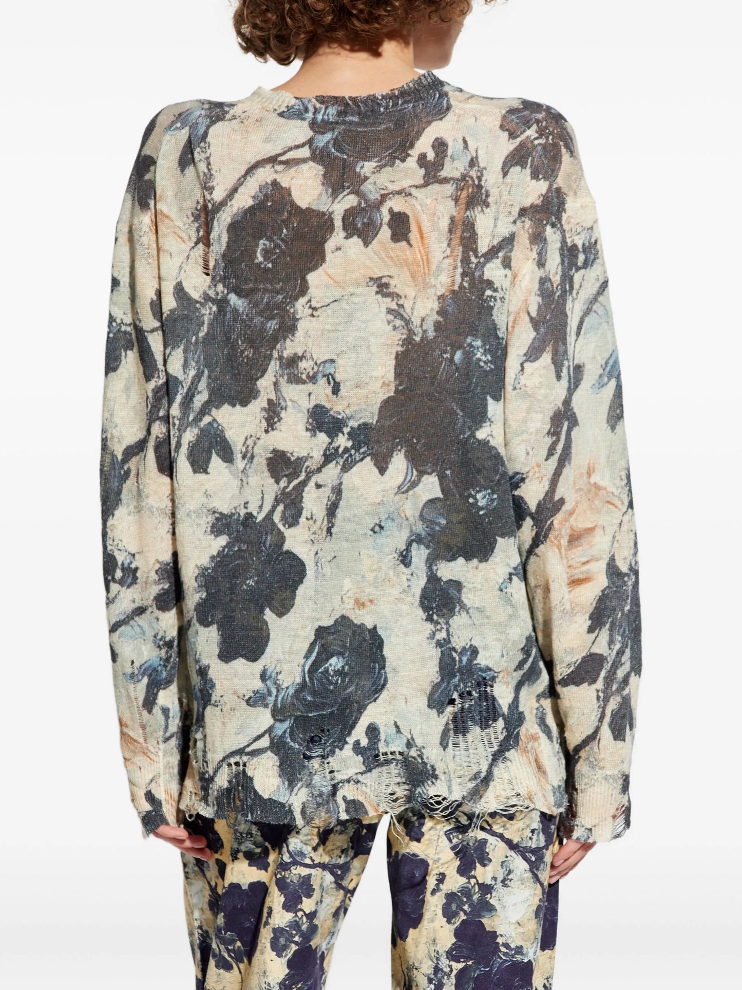 floral-print frayed cardigan