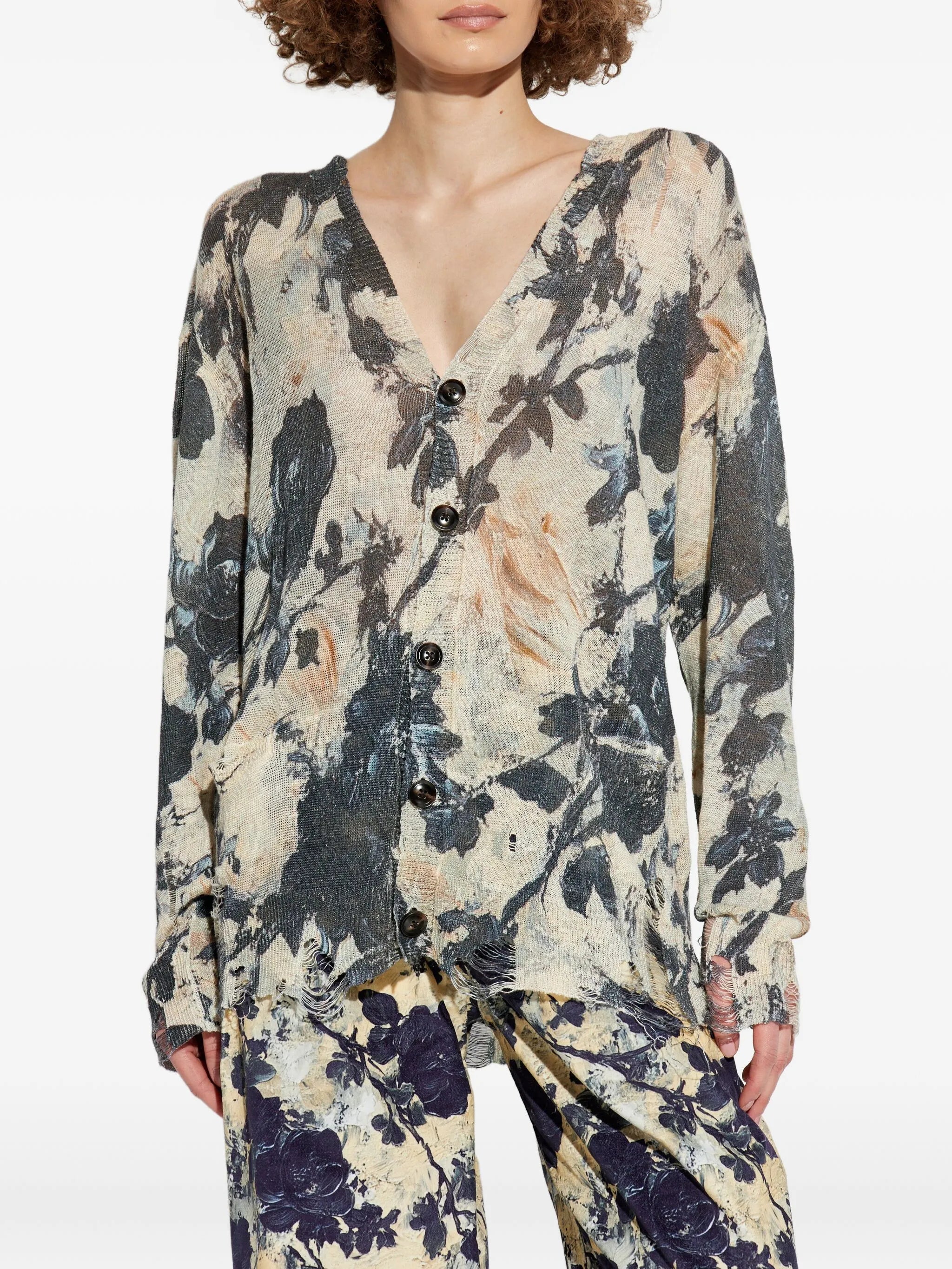 floral-print frayed cardigan