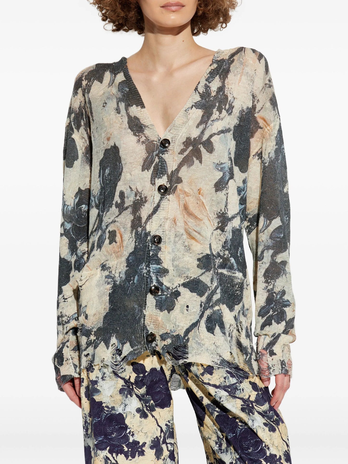 floral-print frayed cardigan
