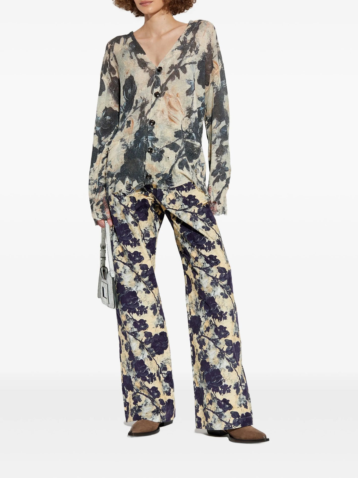 floral-print frayed cardigan