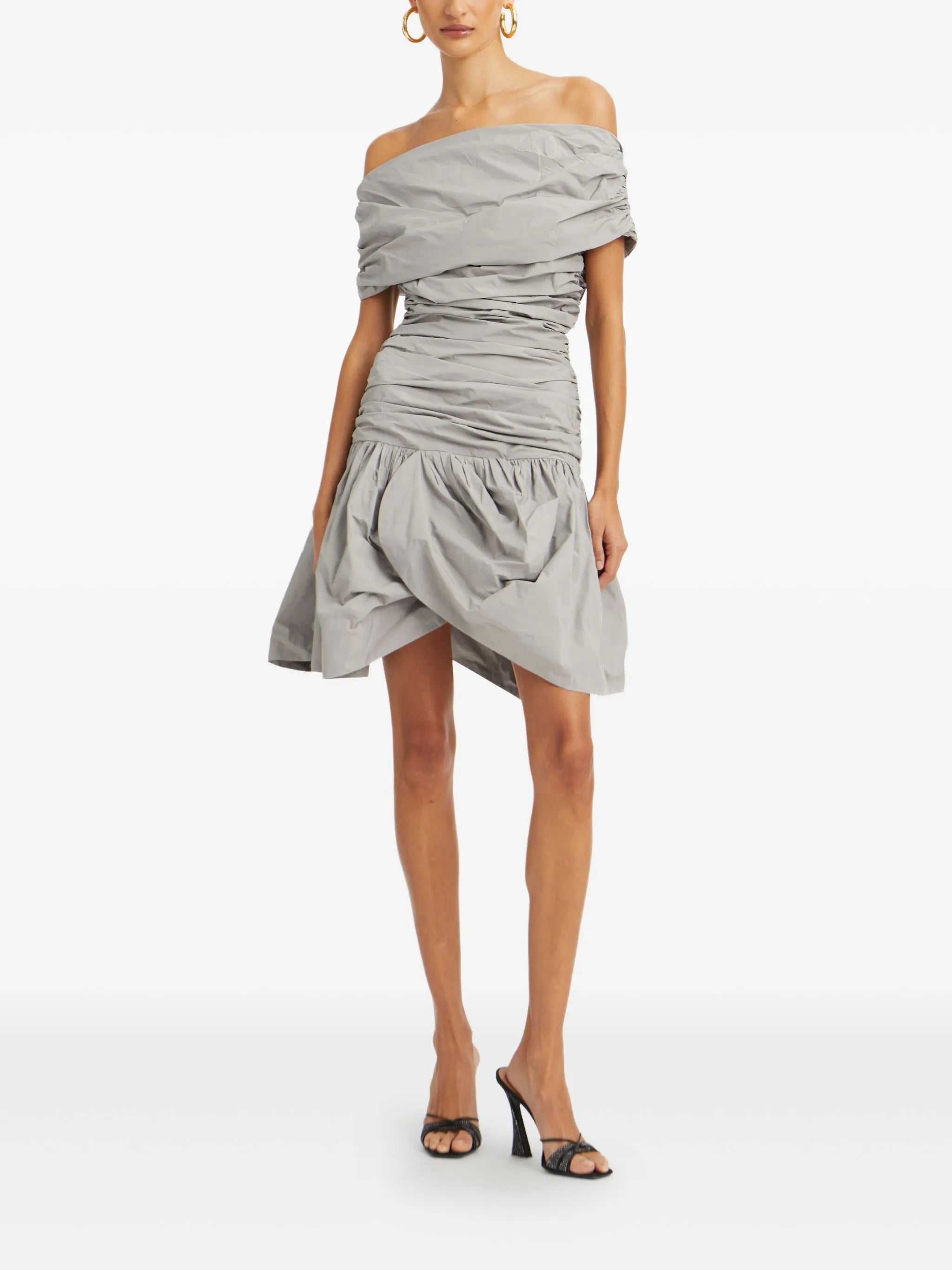 off-shoulder ruched mini dress