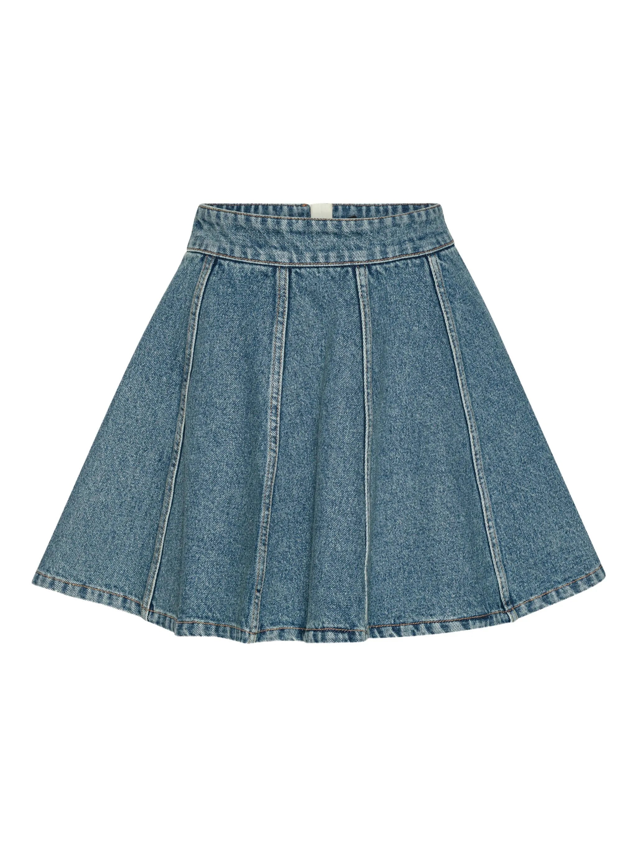 pleated denim mini skirt