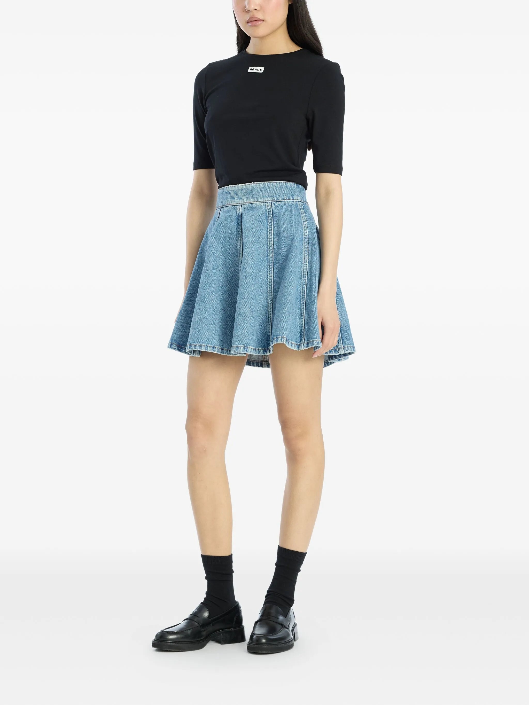 pleated denim mini skirt