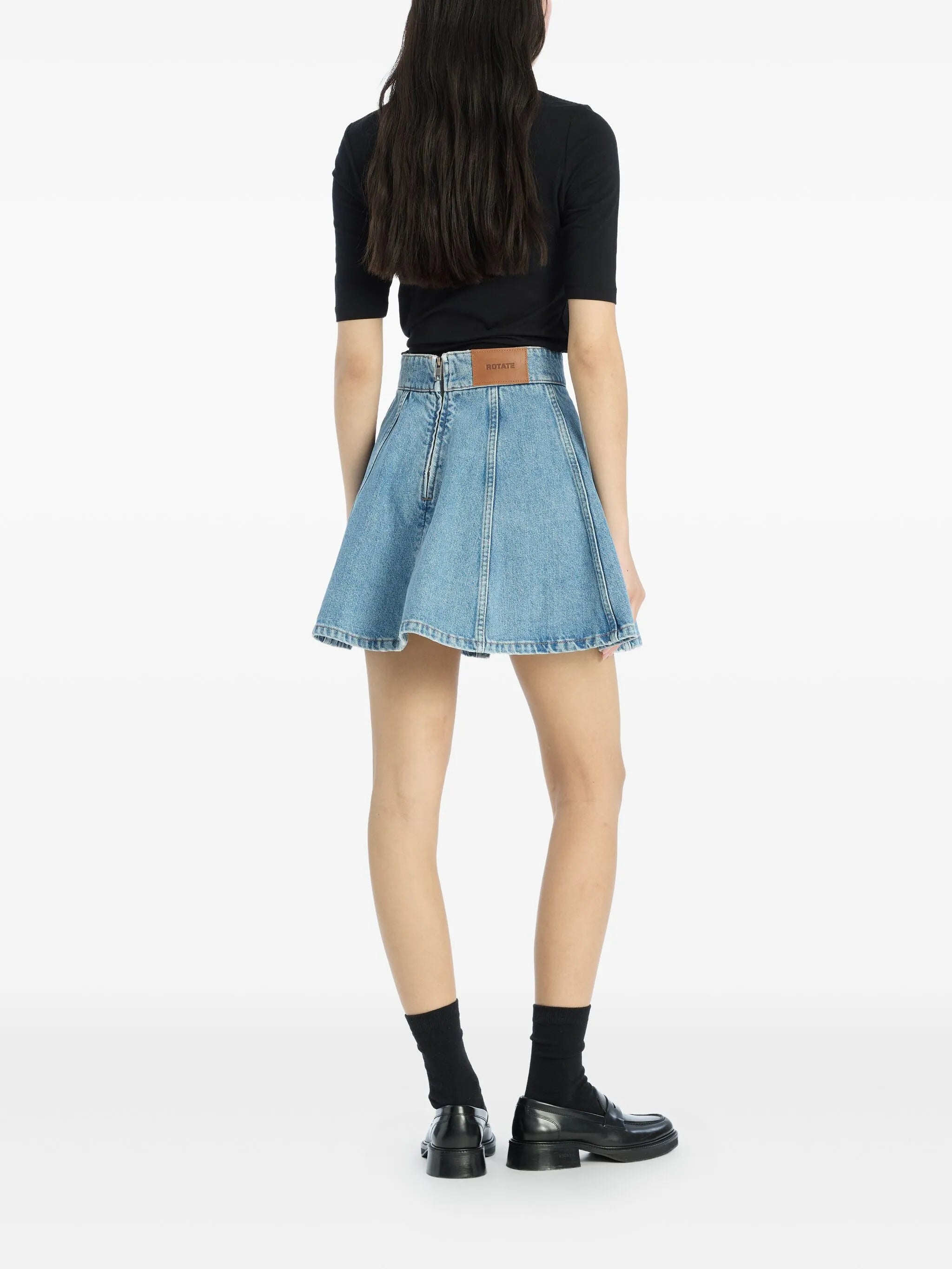 pleated denim mini skirt
