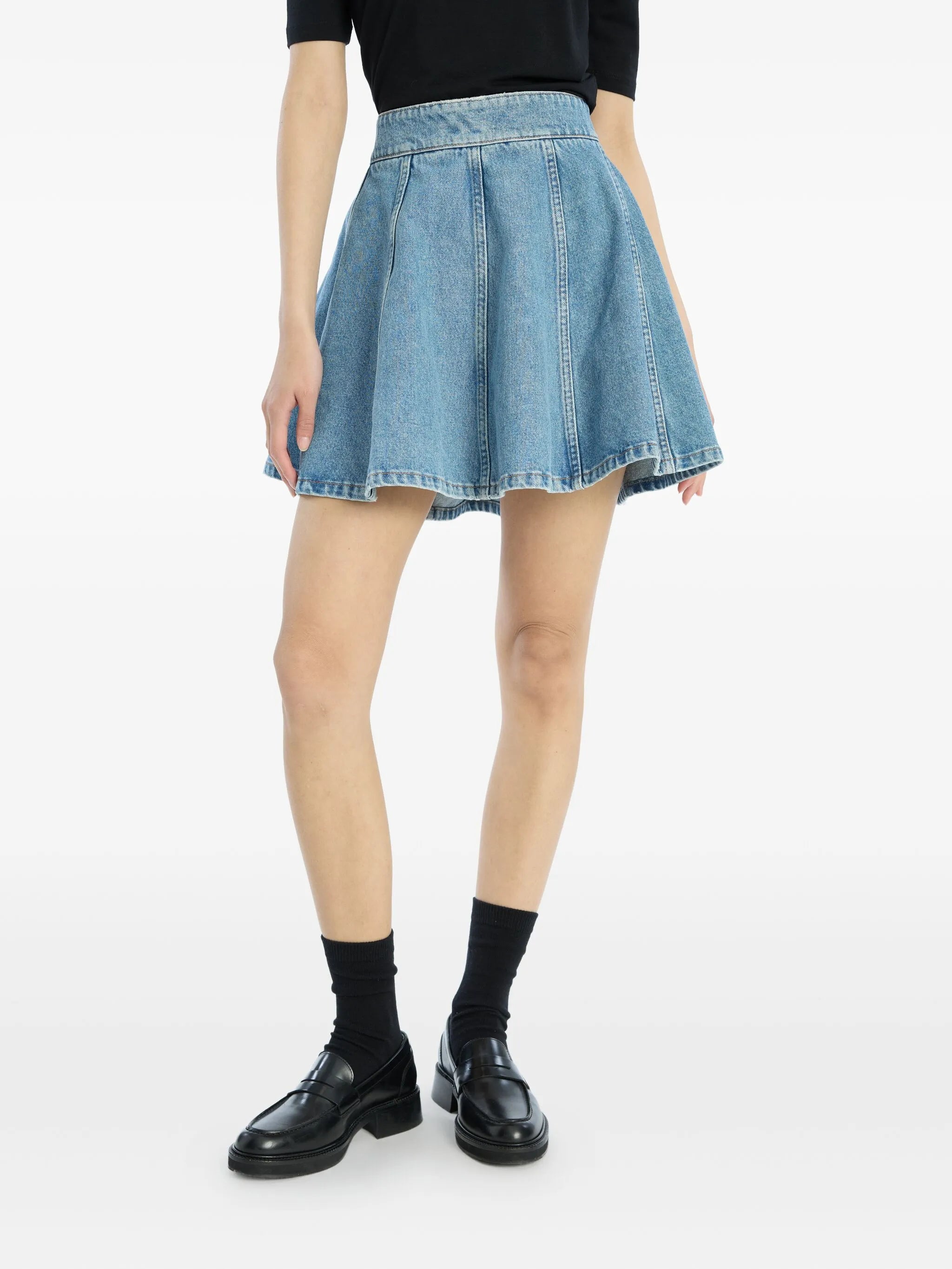 pleated denim mini skirt