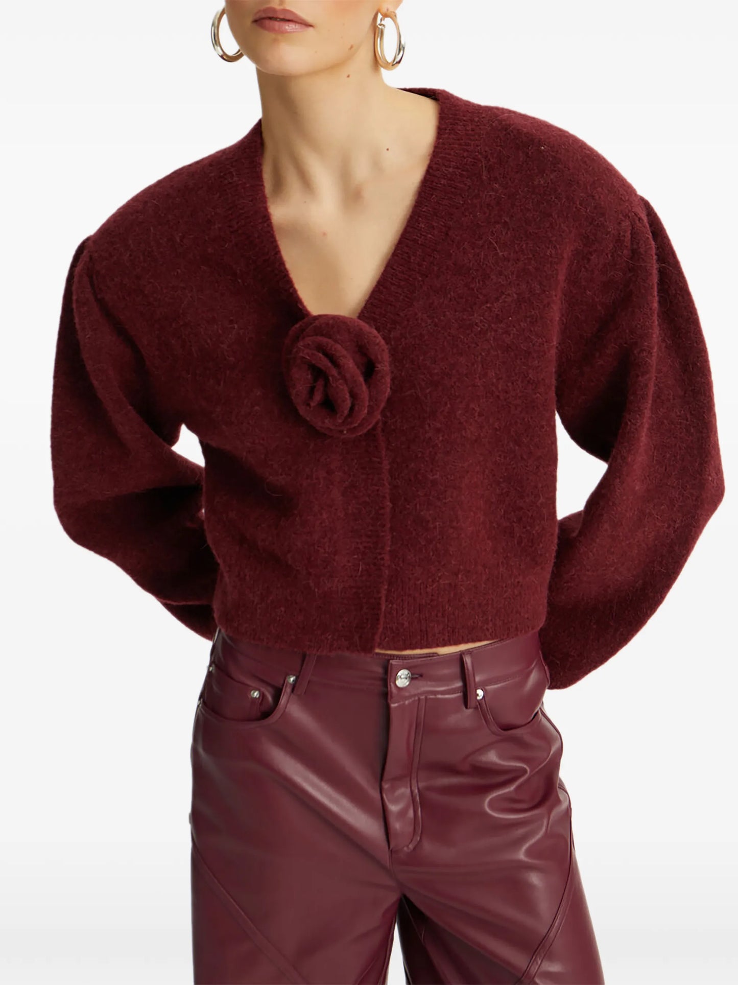 rose-embellished puff-sleeve cardigan