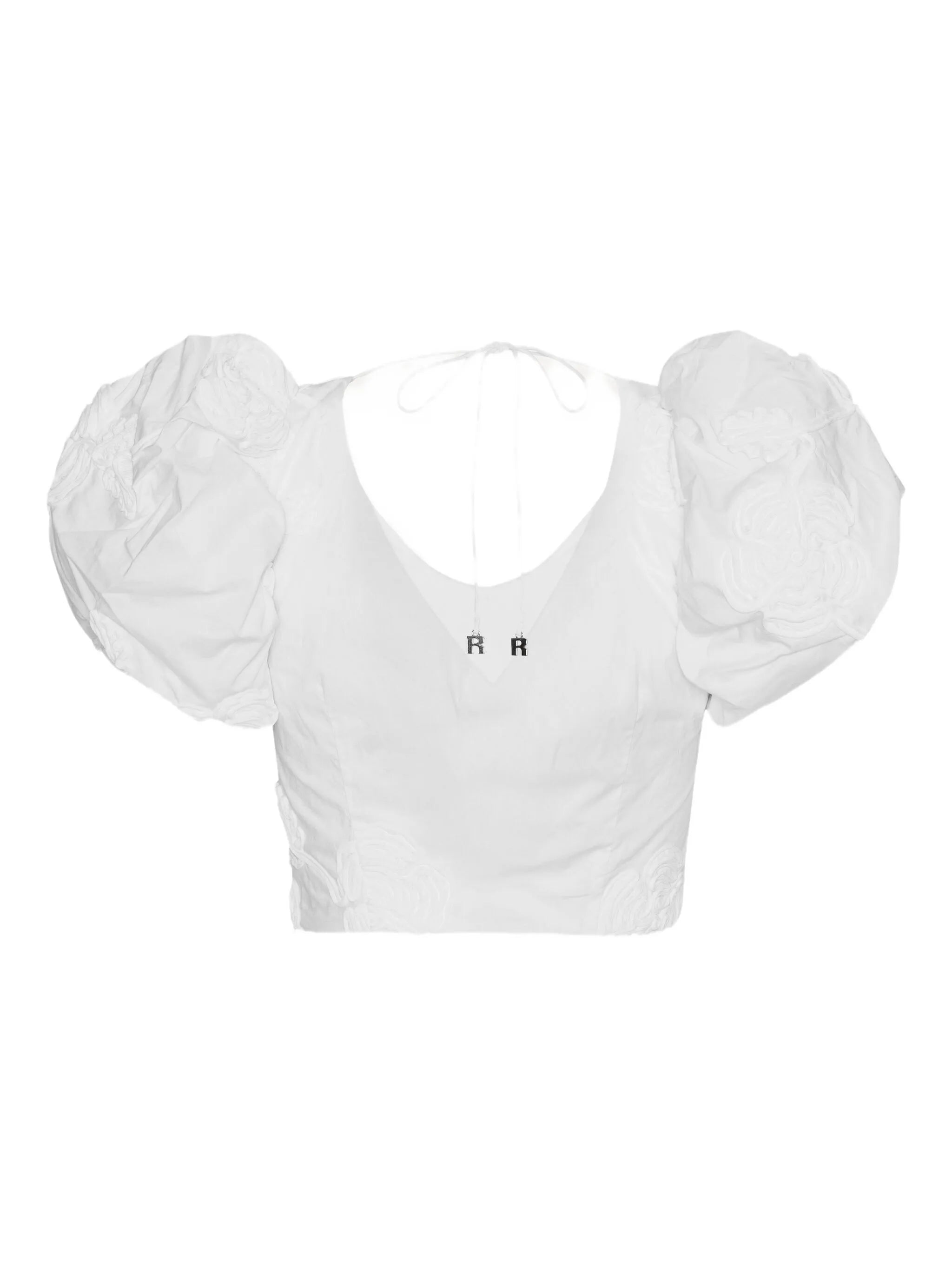 puff-sleeve floral-embroidered top