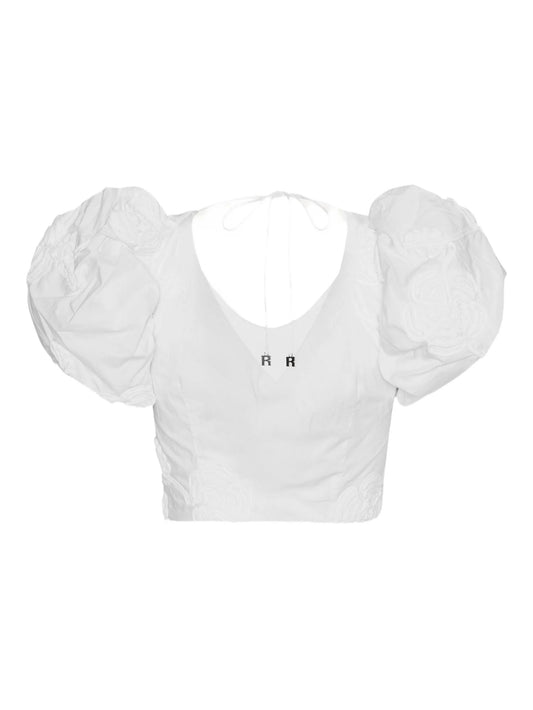 puff-sleeve floral-embroidered top