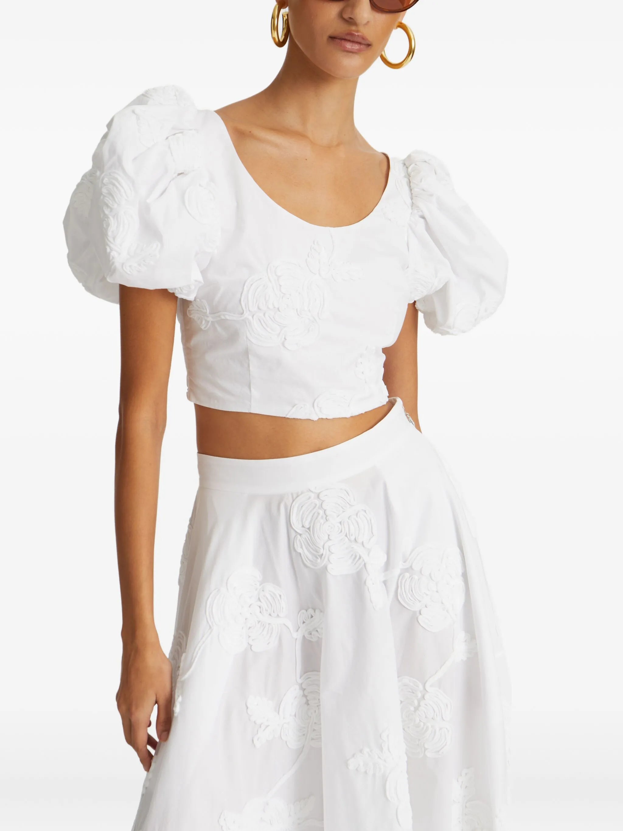 puff-sleeve floral-embroidered top