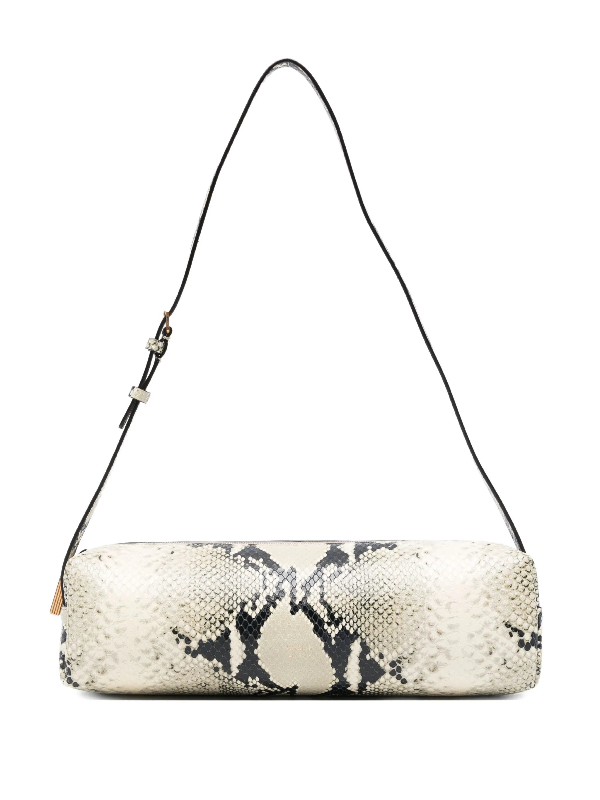 snakeskin cylindrical shoulder bag