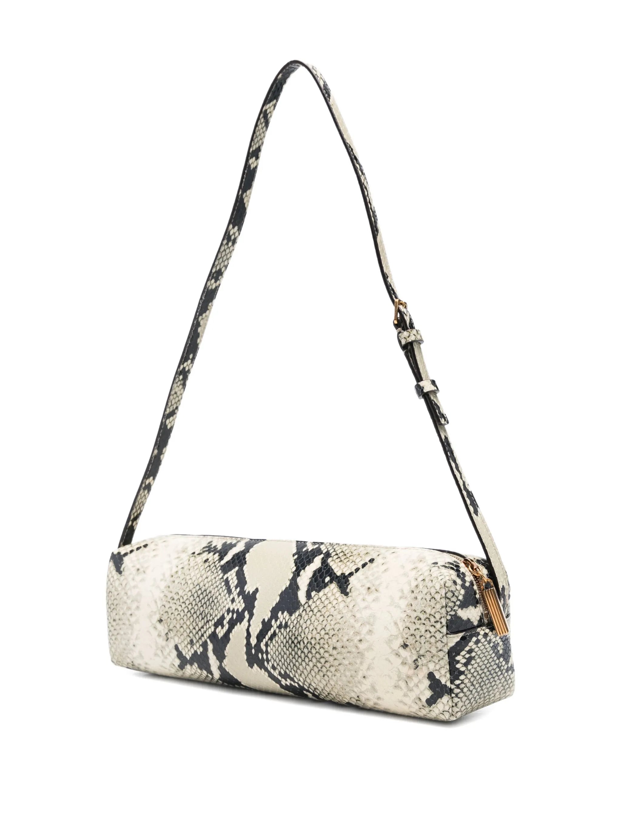 snakeskin cylindrical shoulder bag