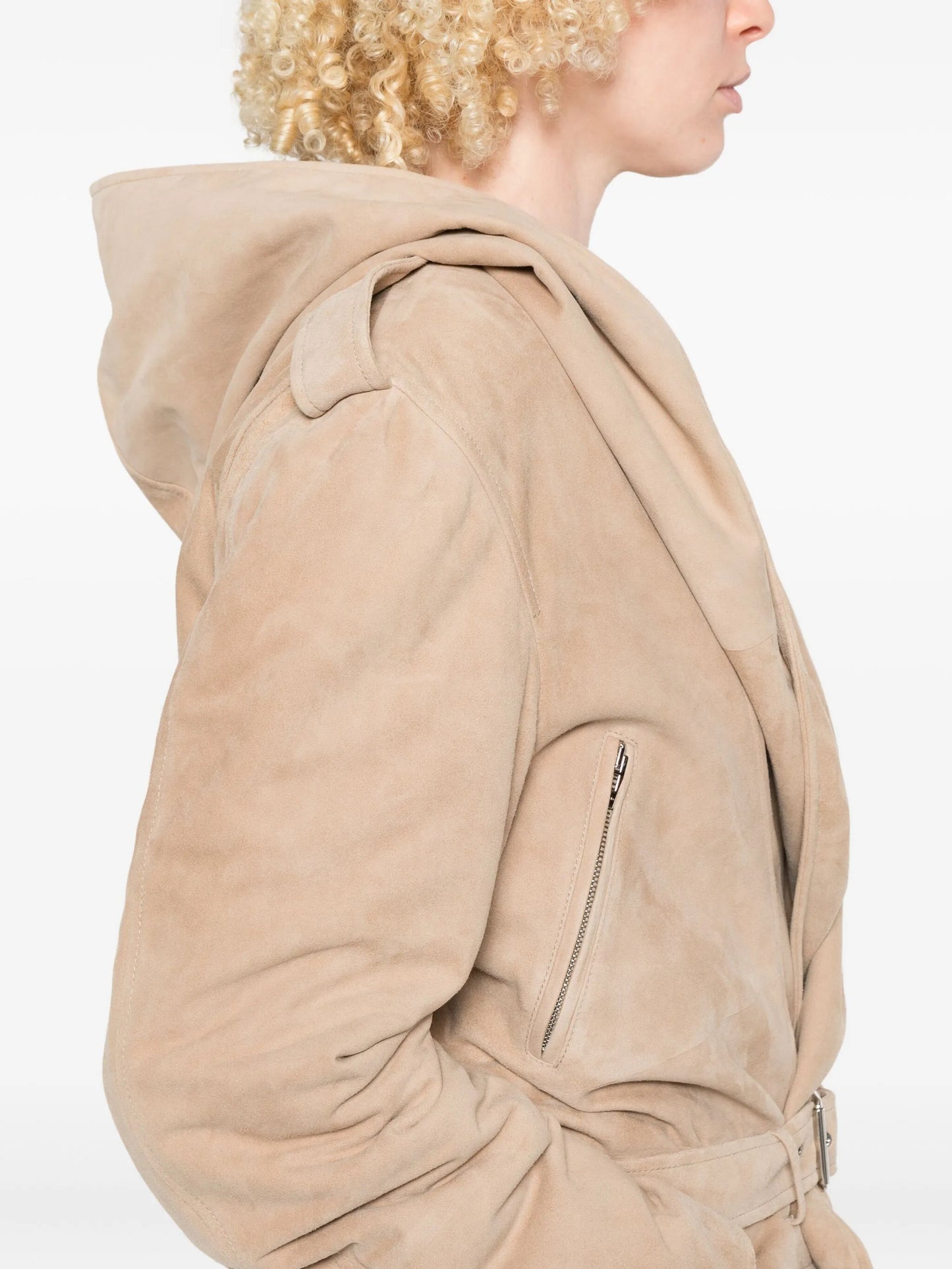 hooded belted suede jacket