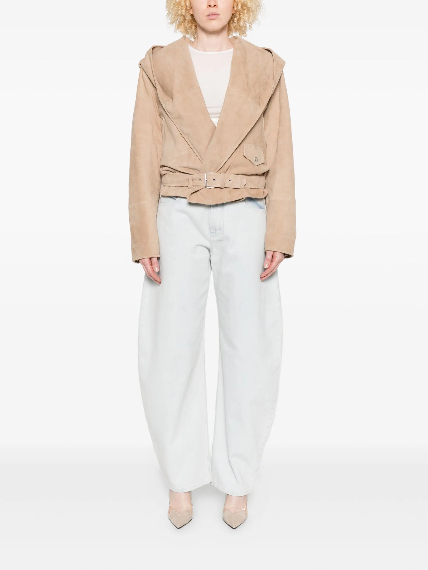 hooded belted suede jacket
