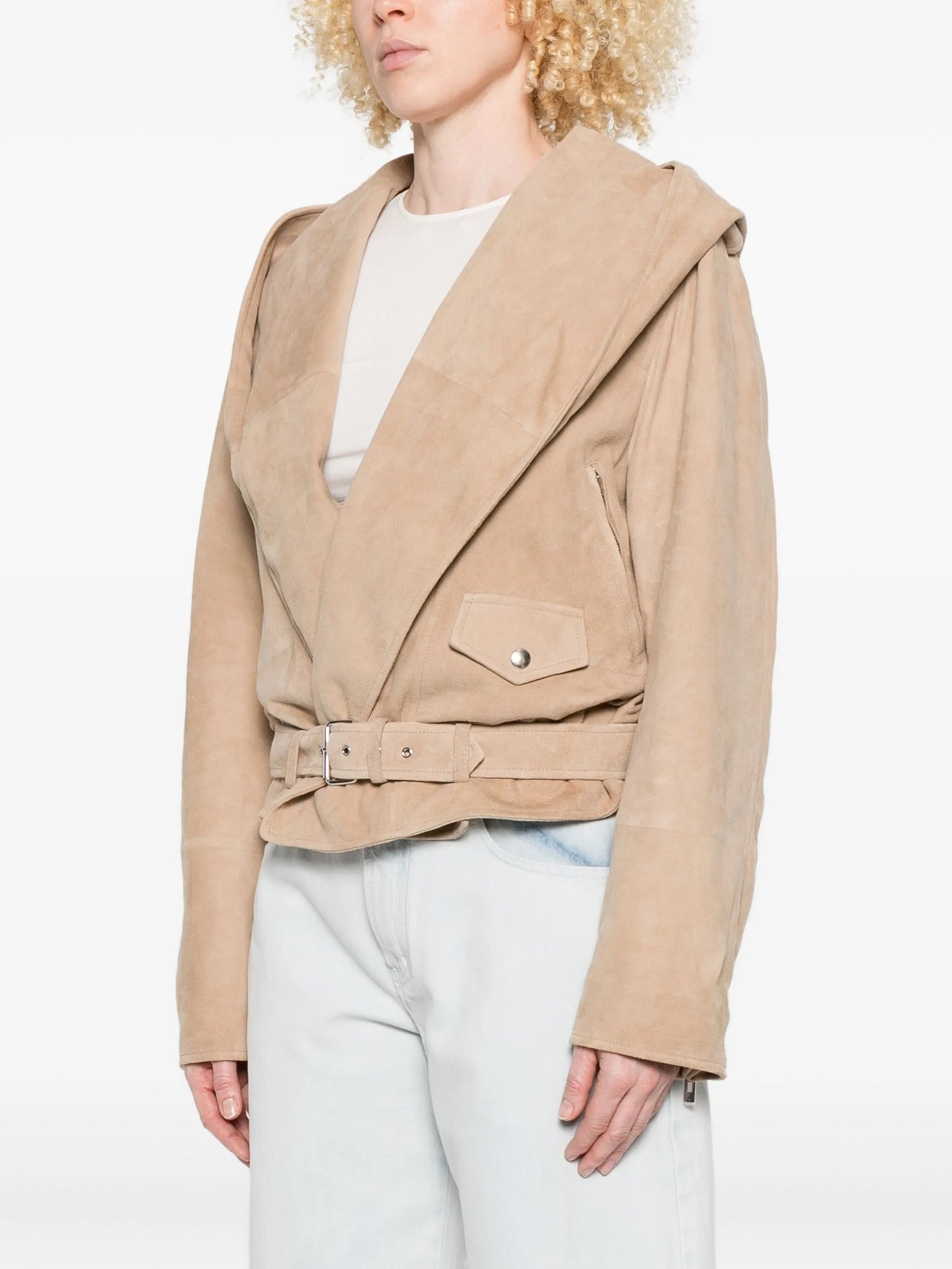 hooded belted suede jacket
