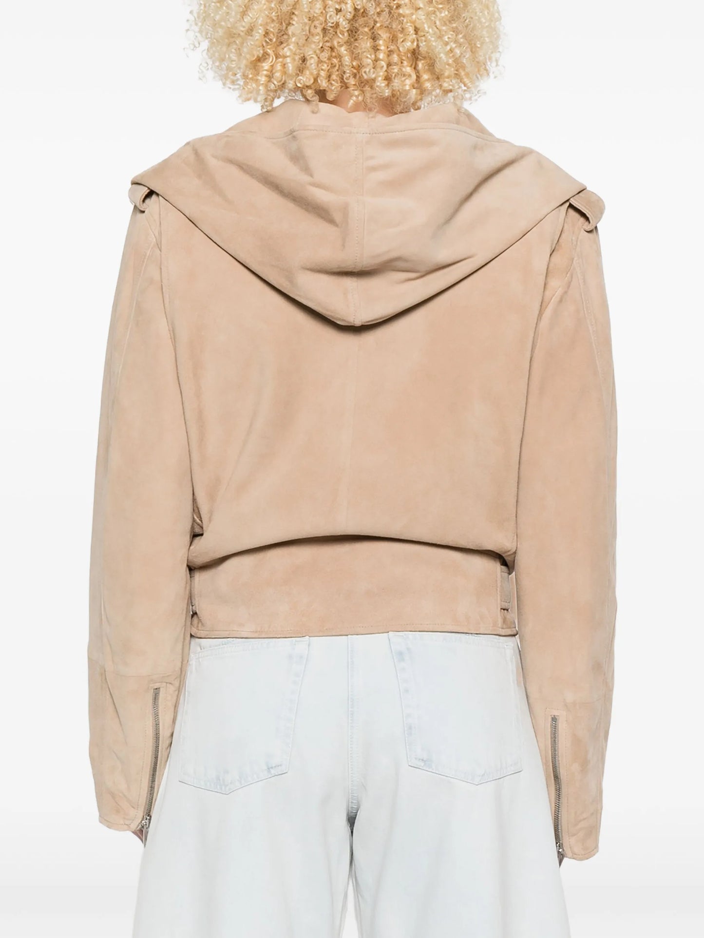 hooded belted suede jacket